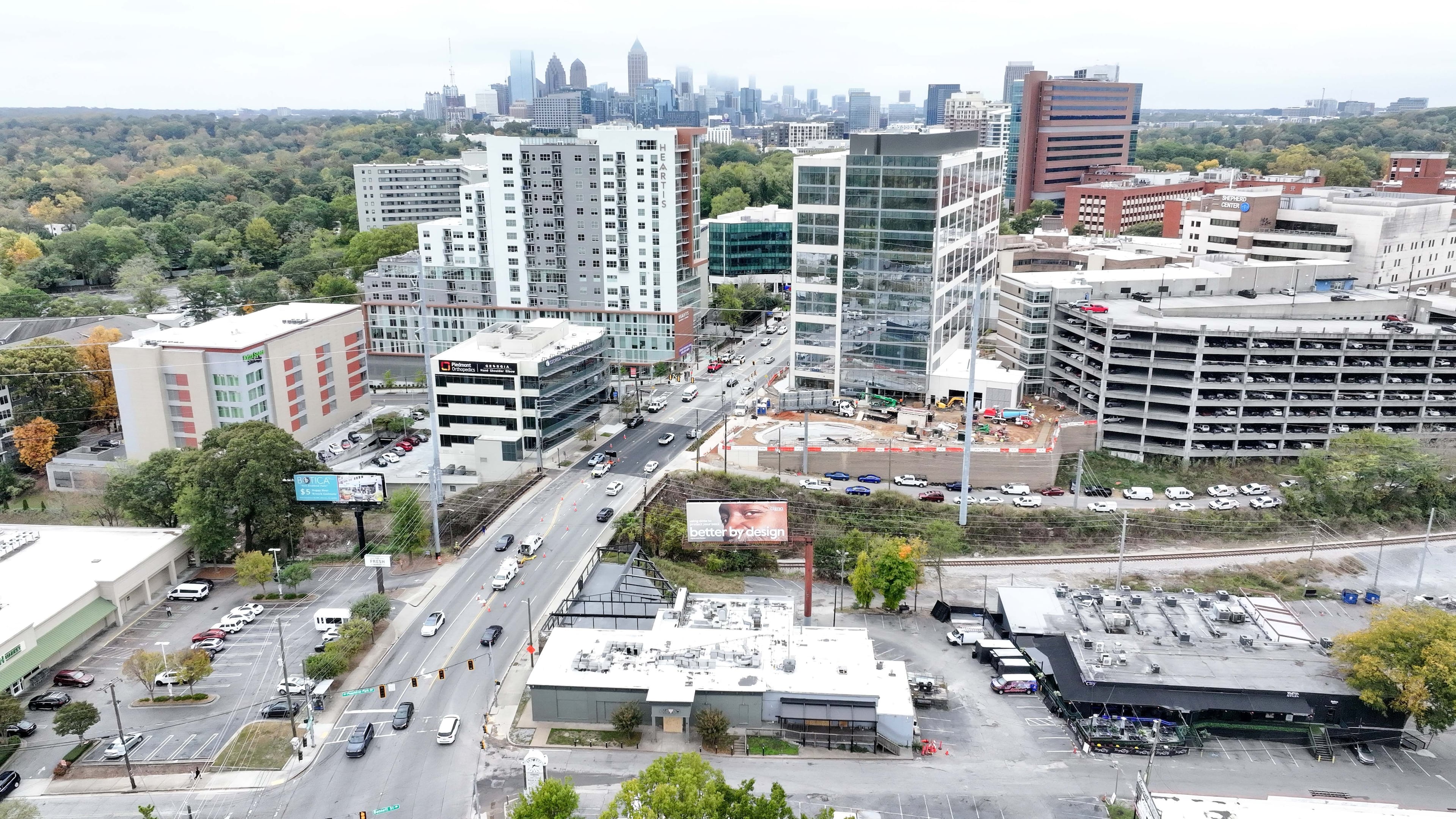 This aerial image shows the Elleven 45 Lounge (bottom center) on Thursday, Nov. 7, 2024. Officials announced that the Atlanta Beltline has purchased a well-known closed nightclub as the organization begins construction on its northwest corridor into Buckhead.
(Miguel Martinez / AJC)