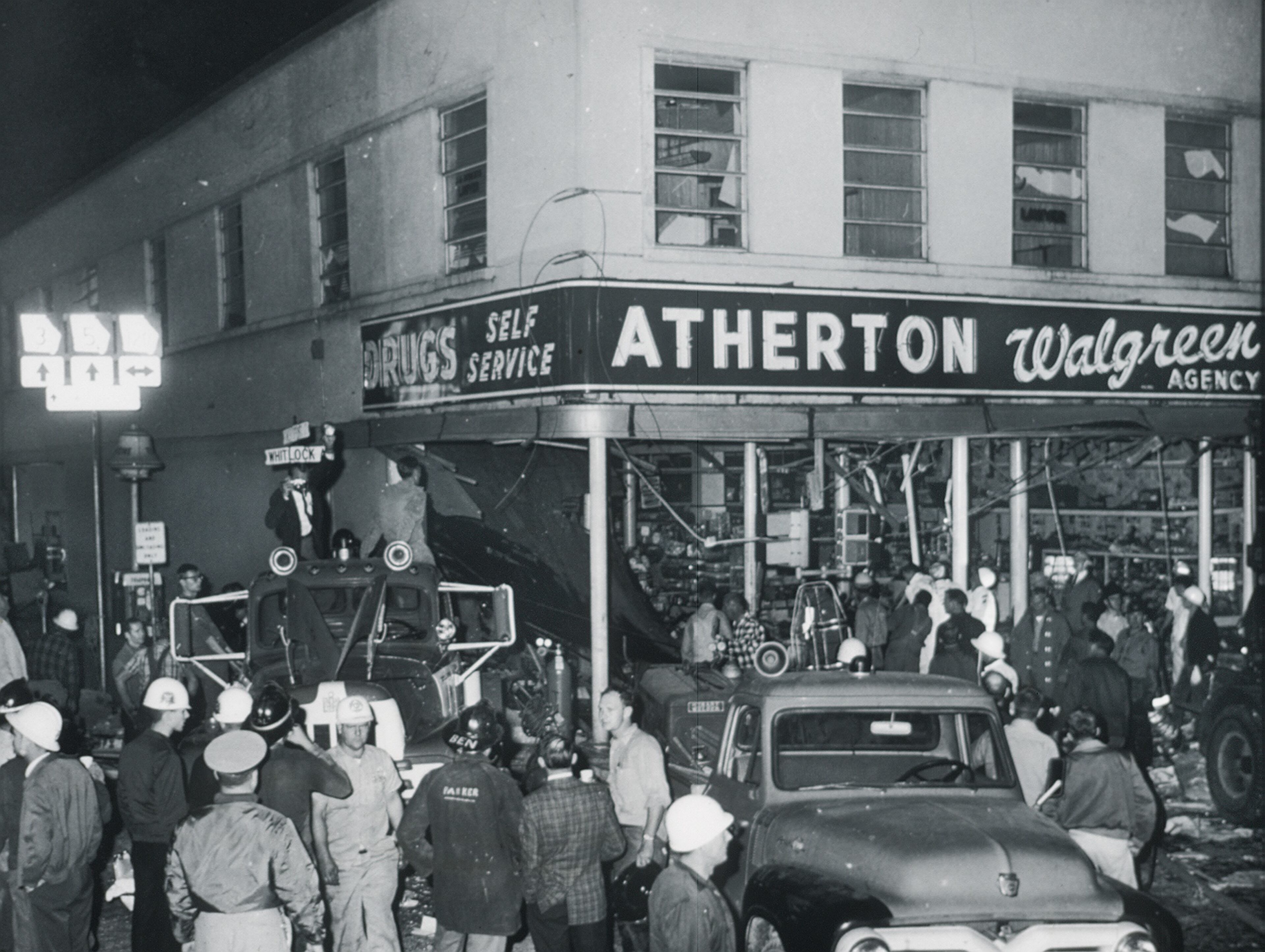 MARIETTA: This is the October 31, 1963 scene on the Marietta Square at the site of the explosion at Atherton Drugs that left several people dead and others injured. The explosion was at 6:23 pm. The historical photo, courtesy of the Marietta Fire Department, was taken by Bartow Adair, who was at the time chief investigator for the Marietta Fire Department. PHOTO BY BARTOW ADAIR/COURTESY OF THE MARIETTA FIRE DEPARTMENT/SPECIAL.