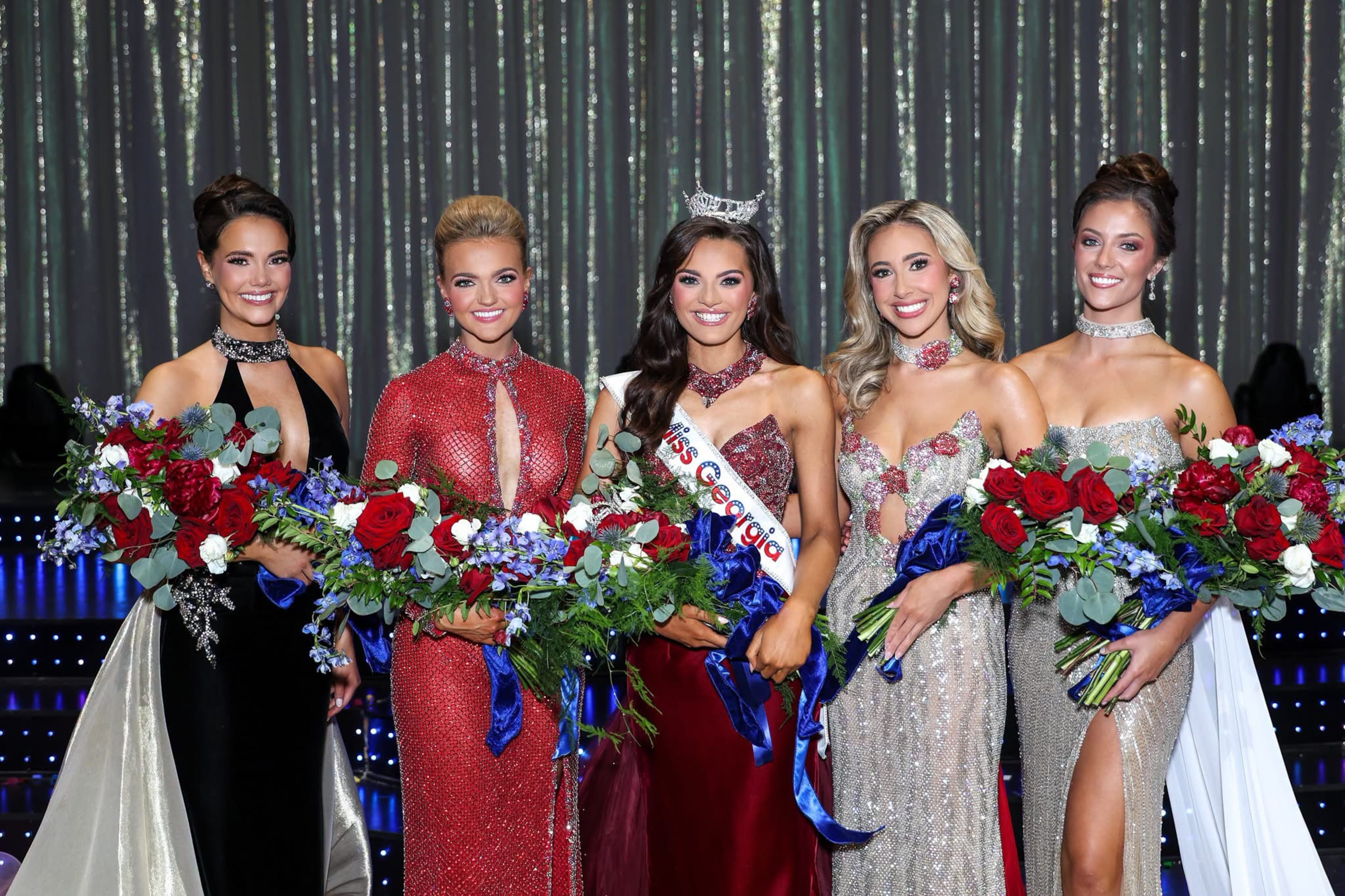 (From left): Megan Wright, Aleks Arwood, Sophia Wootten, Anna Kate Robinson and Kaitlyn Tanner are the Miss Georgia top five at the Miss Georgia Scholarship Competition on June 20, 2026 at RiverCenter for the Performing Arts in Columbus. (Courtesy of Sheldon Smith Photography).