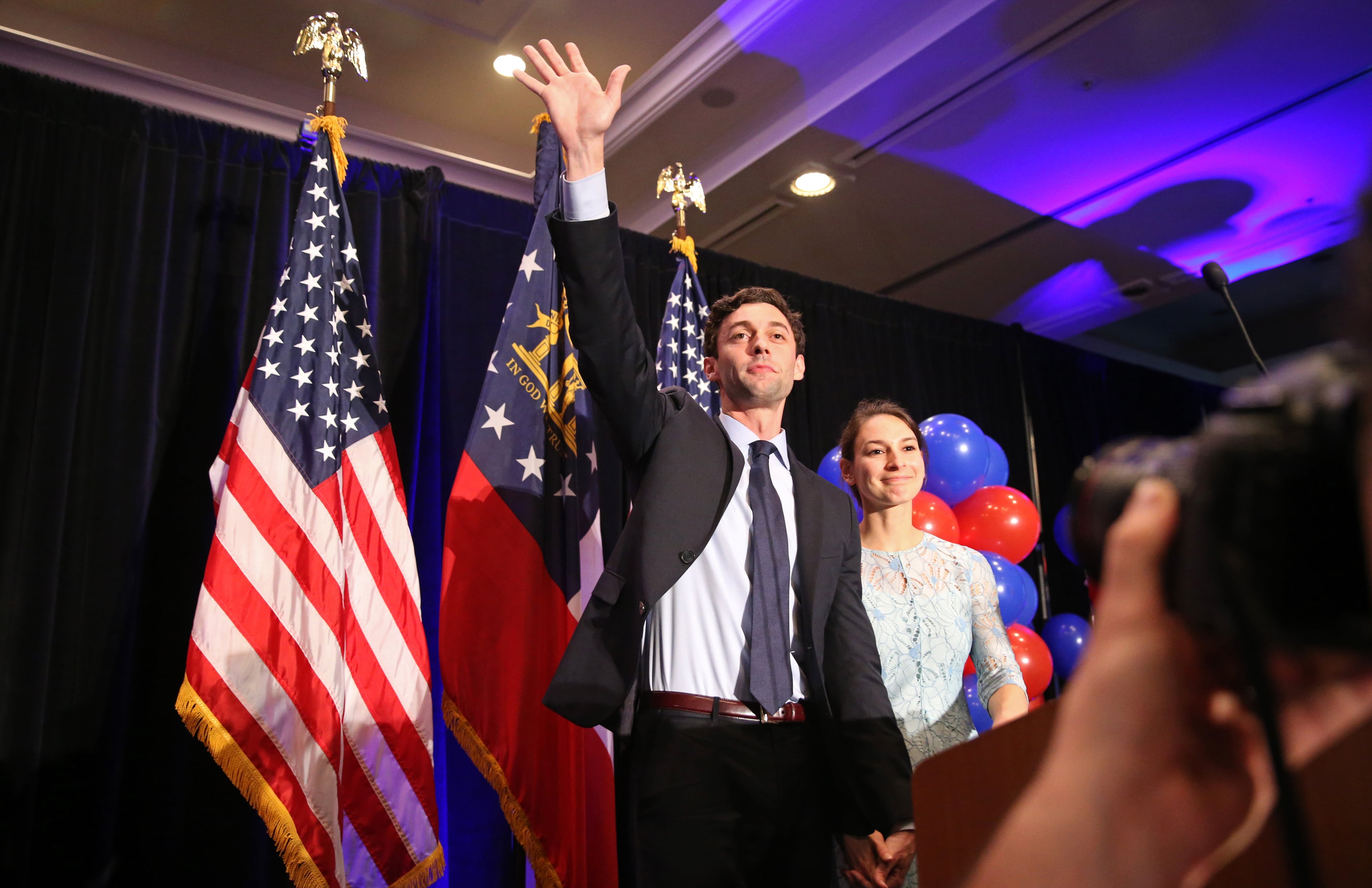 June 20, 2017 - Atlanta, Ga: Sixth district congressional candidate Jon Ossoff with his fiance Alisha Kramer waves goodbye to the crowd during the Jon Ossoff election night party at the Westin Atlanta Perimeter Hotel Tuesday, June 20, 2017, in Atlanta. This is the election coverage of the sixth district congressional runoff between Jon Ossoff and Karen Handel. PHOTO / JASON GETZ