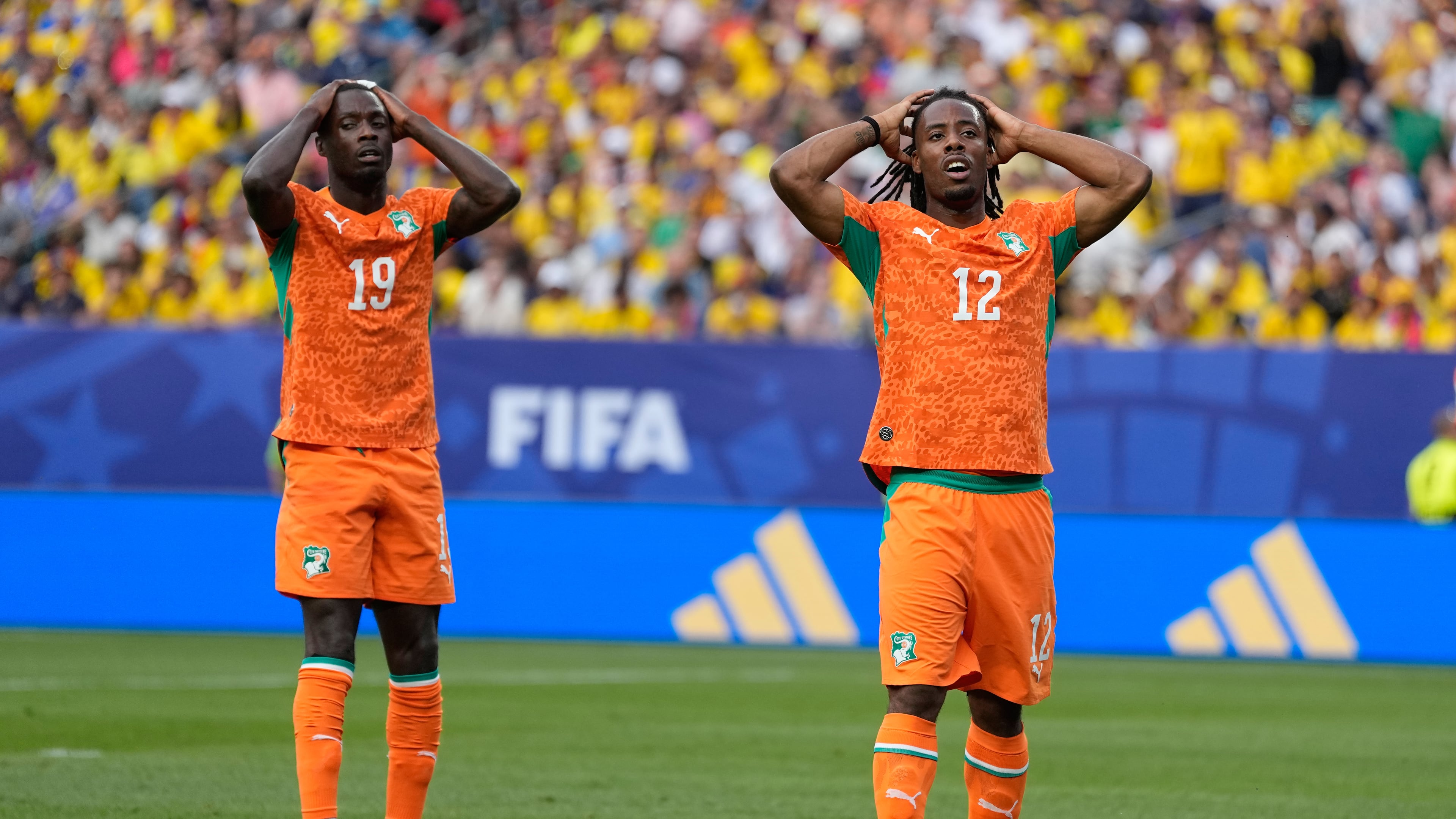 Ivory Coast's Elye Wahi, right, and teammate Nicolas Pepe react after missing a chance to score against Ecuador during a World Cup Group E soccer match in Philadelphia, Sunday, June 14, 2026. (AP Photo/Matt Slocum)