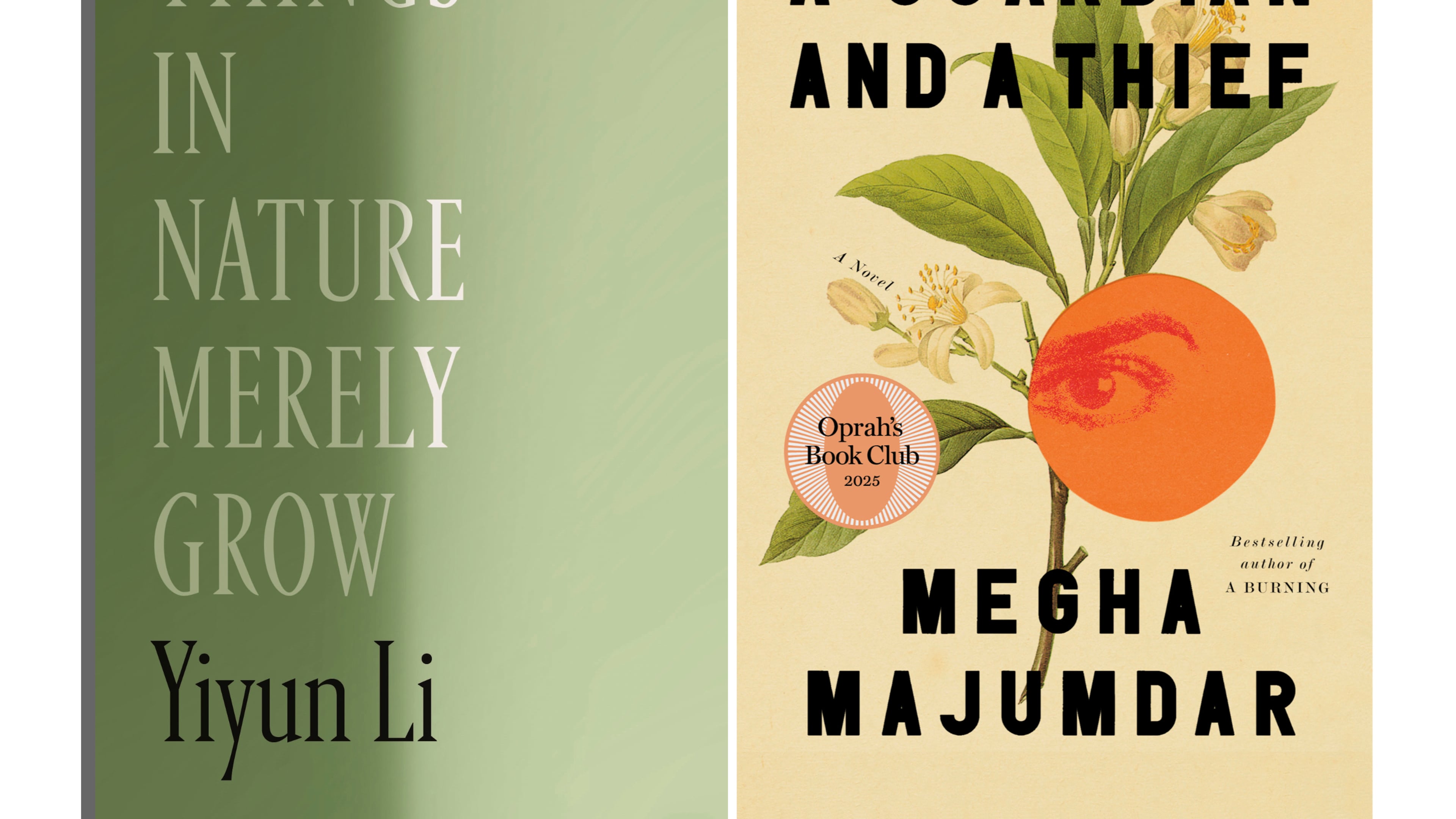 This combination of cover images shows "Things in Nature Merely Grow," left, and "A Guardian and a Thief" by Megha Majumdar. (Farrar, Straus and Giroux/Knopf via AP)