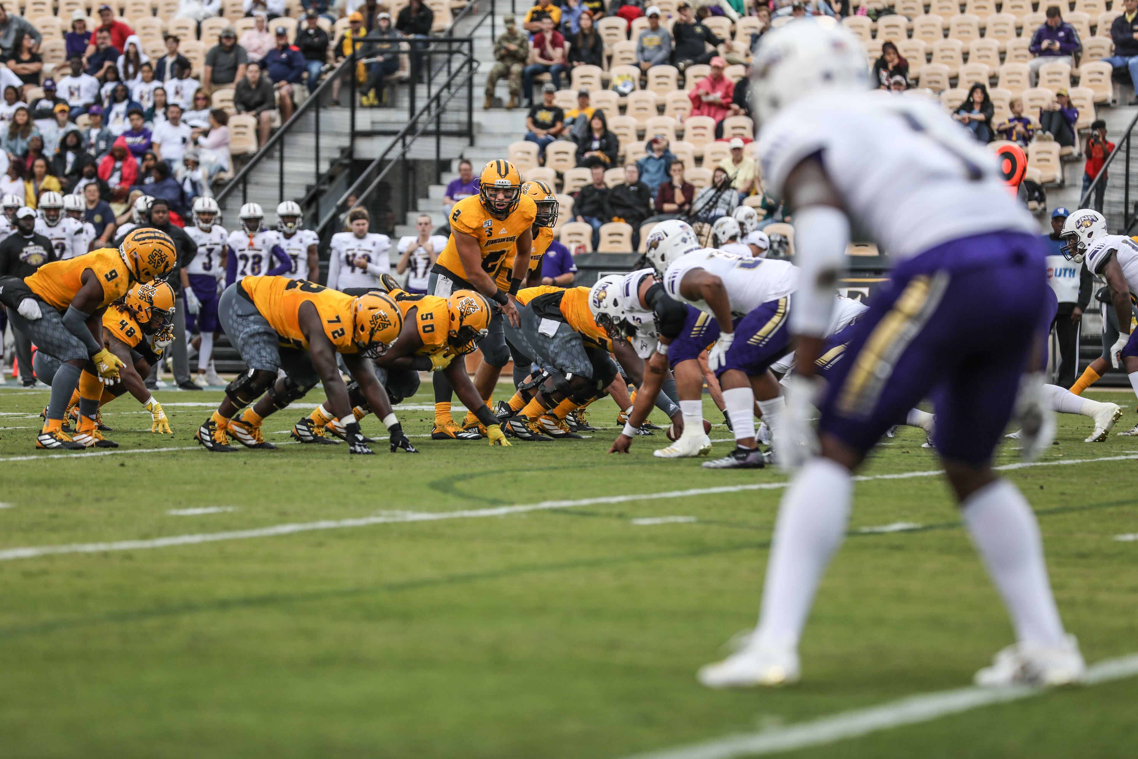 Kennesaw State Owls quarterback Daniel David (2) before the snap during a college football game against North Alabama Lions at Fifth Third Bank Stadium, Saturday, Oct. 26, 2019, in Kennesaw, Ga. BRANDEN CAMP/SPECIAL