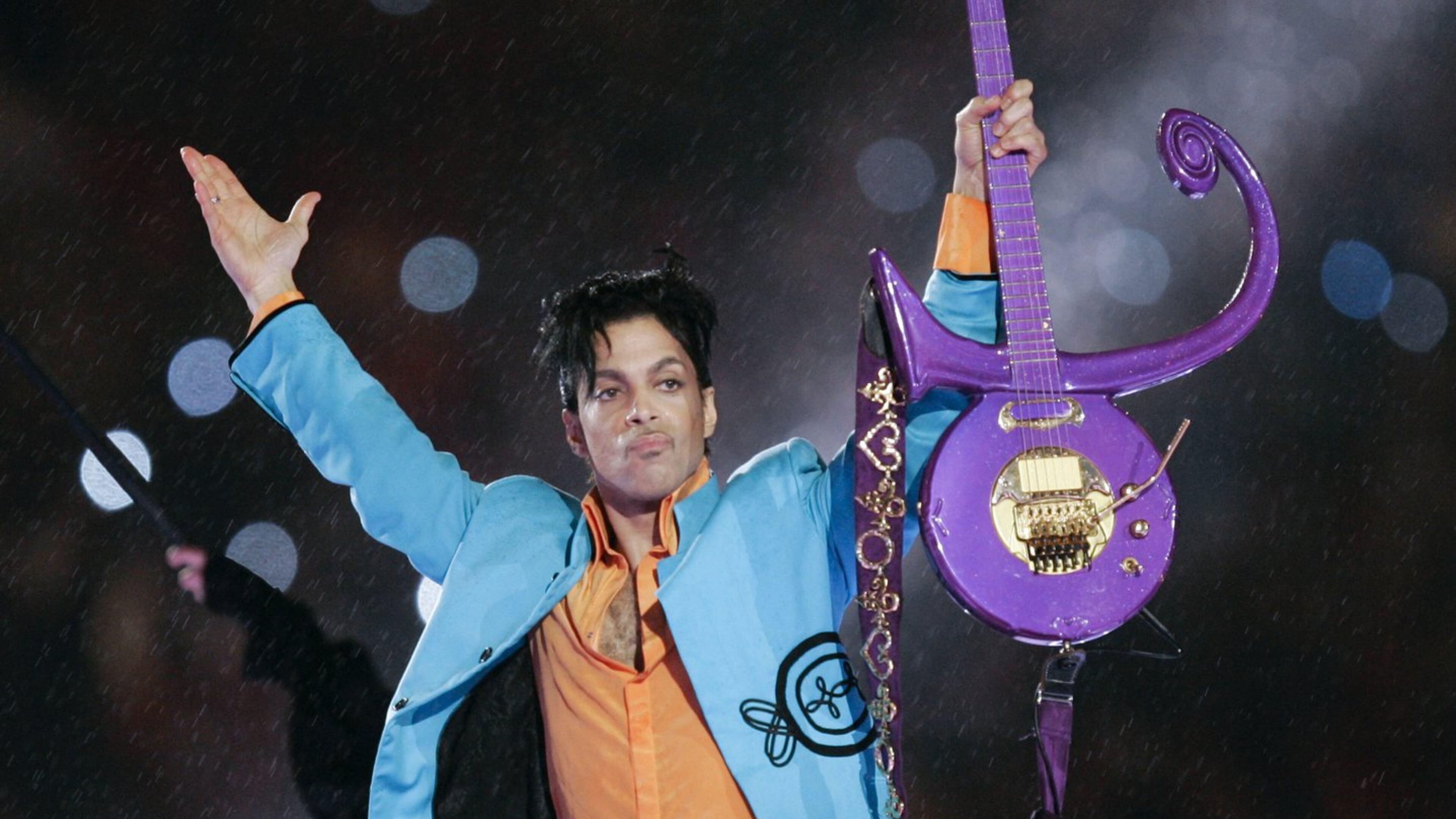 In this Feb. 4, 2007 file photo, Prince performs during the halftime show of the Super Bowl XLI football game at Dolphin Stadium in Miami. He died from an accidental fentanyl overdose in April. (AP Photo/Chris O’Meara, File)