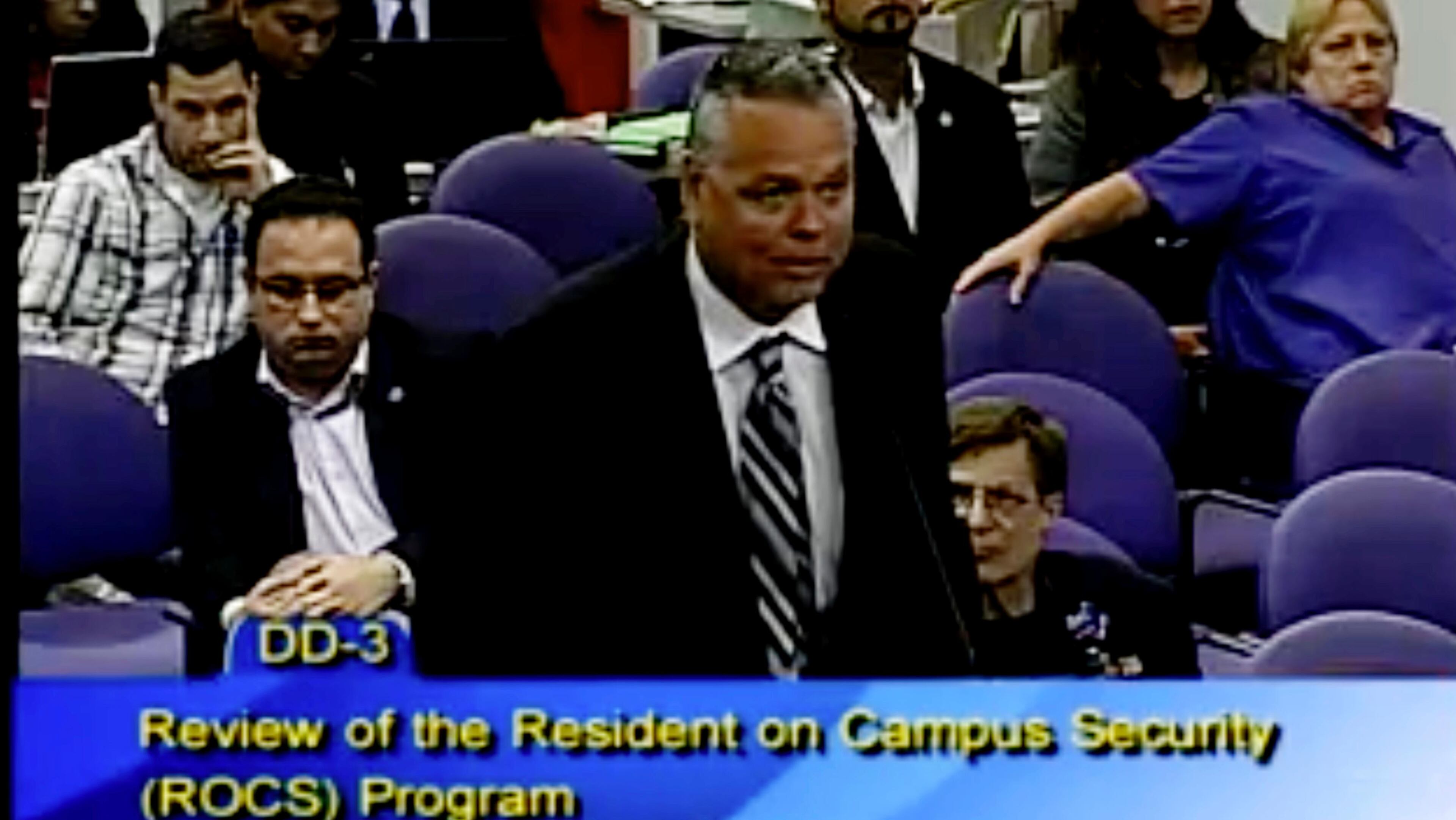 This Feb. 18, 2015 image taken from video provided by Broward County Public Schools shows school resource officer Scot Peterson during a school board meeting of Broward County, Fla. During the shootings at Marjory Stoneman Douglas High School on Feb. 14, 2018, Peterson took up a position viewing the western entrance of the building for more than four minutes after the shooting started, but "he never went in," Broward County Sheriff Scott Israel said at a news conference. Peterson, was suspended without pay and placed under investigation, then chose to resign, Israel said (Broward County Public Schools via AP)