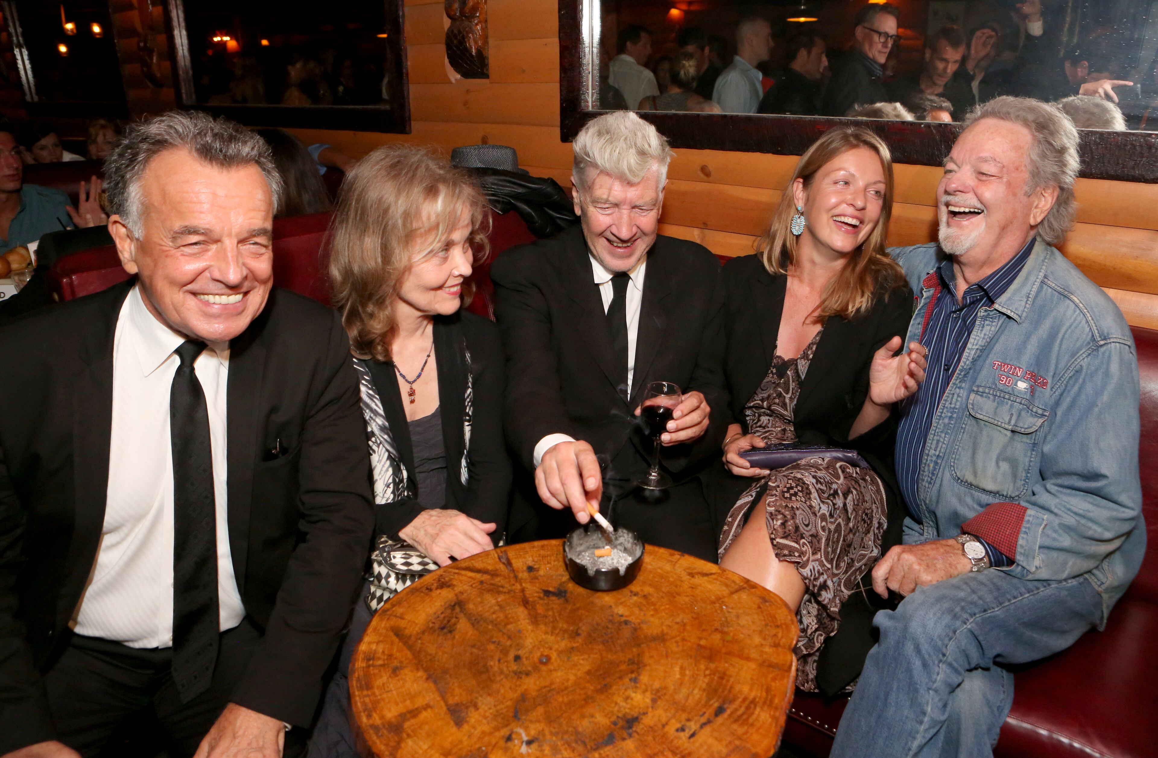 IMAGE DISTRIBUTED FOR PARAMOUNT - David Lynch joins Twin Peaks cast members Ray Wise, Grace Zabriskie, Sheryl Lee and Russ Tamblyn at the Bigfoot Lodge for the after party celebrating the forthcoming Blu-ray Disc release of Twin Peaks: The Entire Mystery on Wednesday, July 16, 2014, in Los Angeles. (Photo by Casey Rodgers/Invision for CBS HE and Paramount/AP Images)
