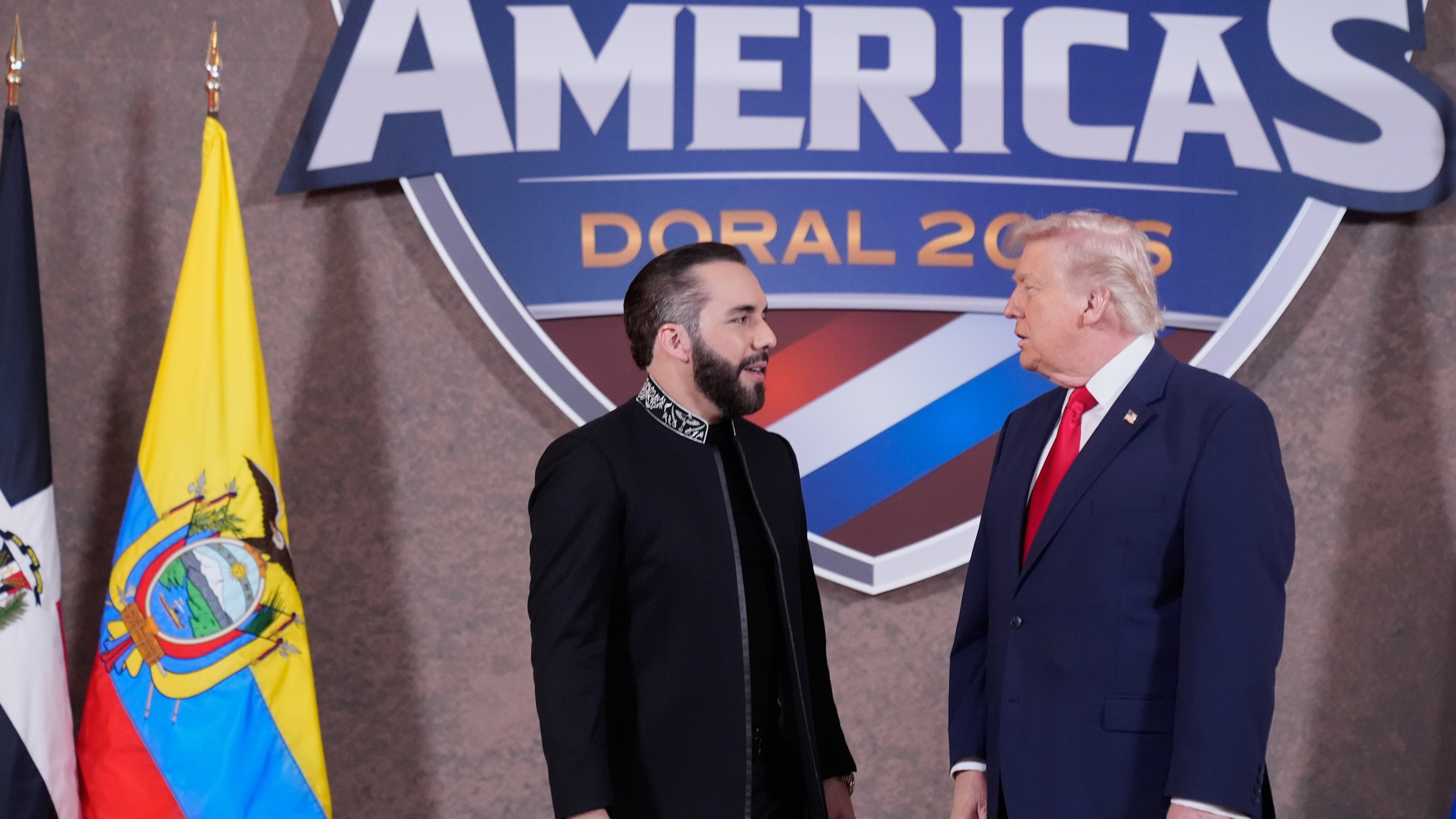 FILE - President Donald Trump greets El Salvador's President Nayib Bukele, left, at the Shield of the Americas Summit, March 7, 2026, at Trump National Doral Miami in Doral, Fla. (AP Photo/Mark Schiefelbein, File)