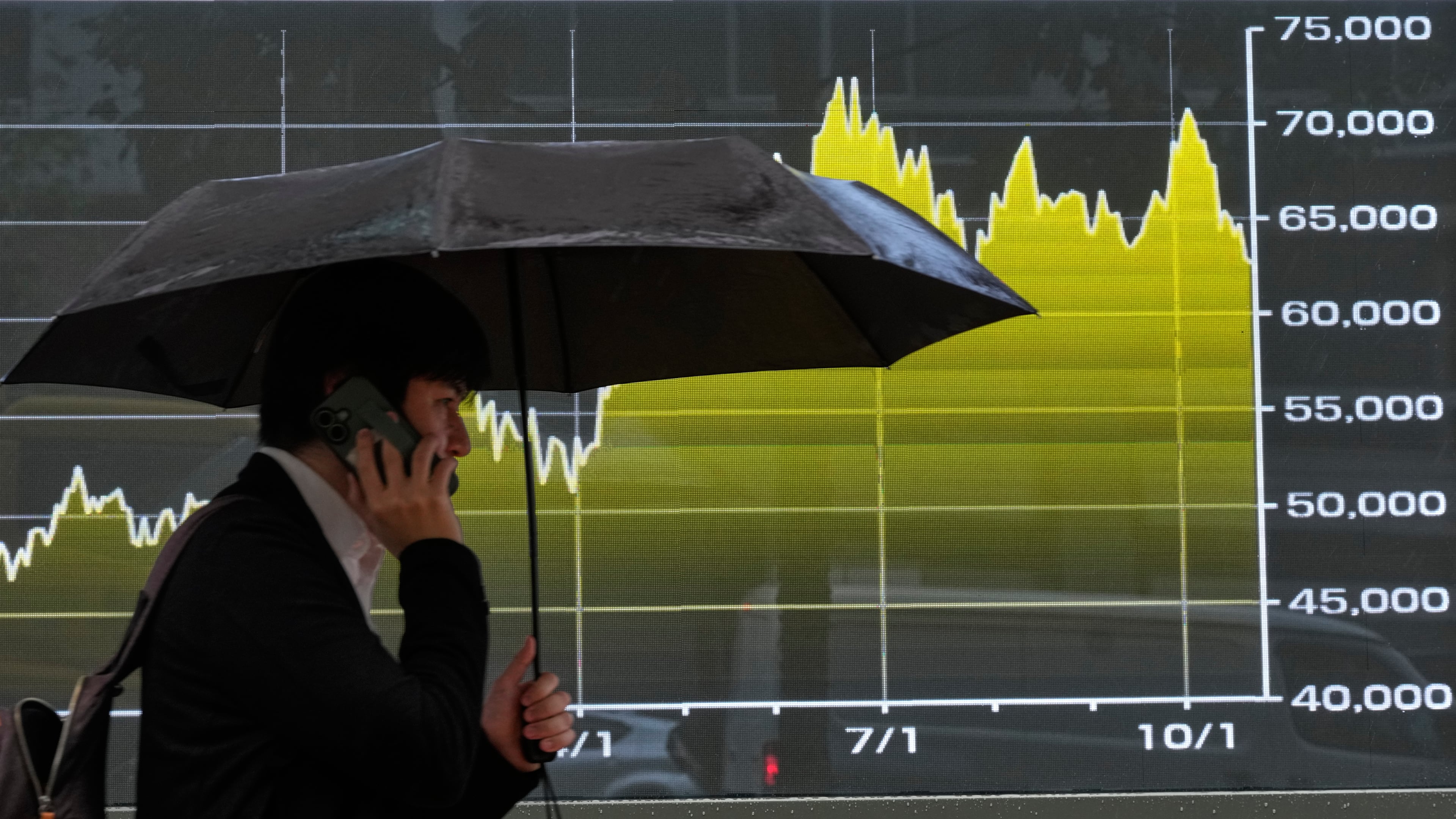 A person walks past an electronic stock board displaying Japan’s Nikkei index at a securities firm in Tokyo, Monday, Oct. 26, 2026. (AP Photo/Eugene Hoshiko)