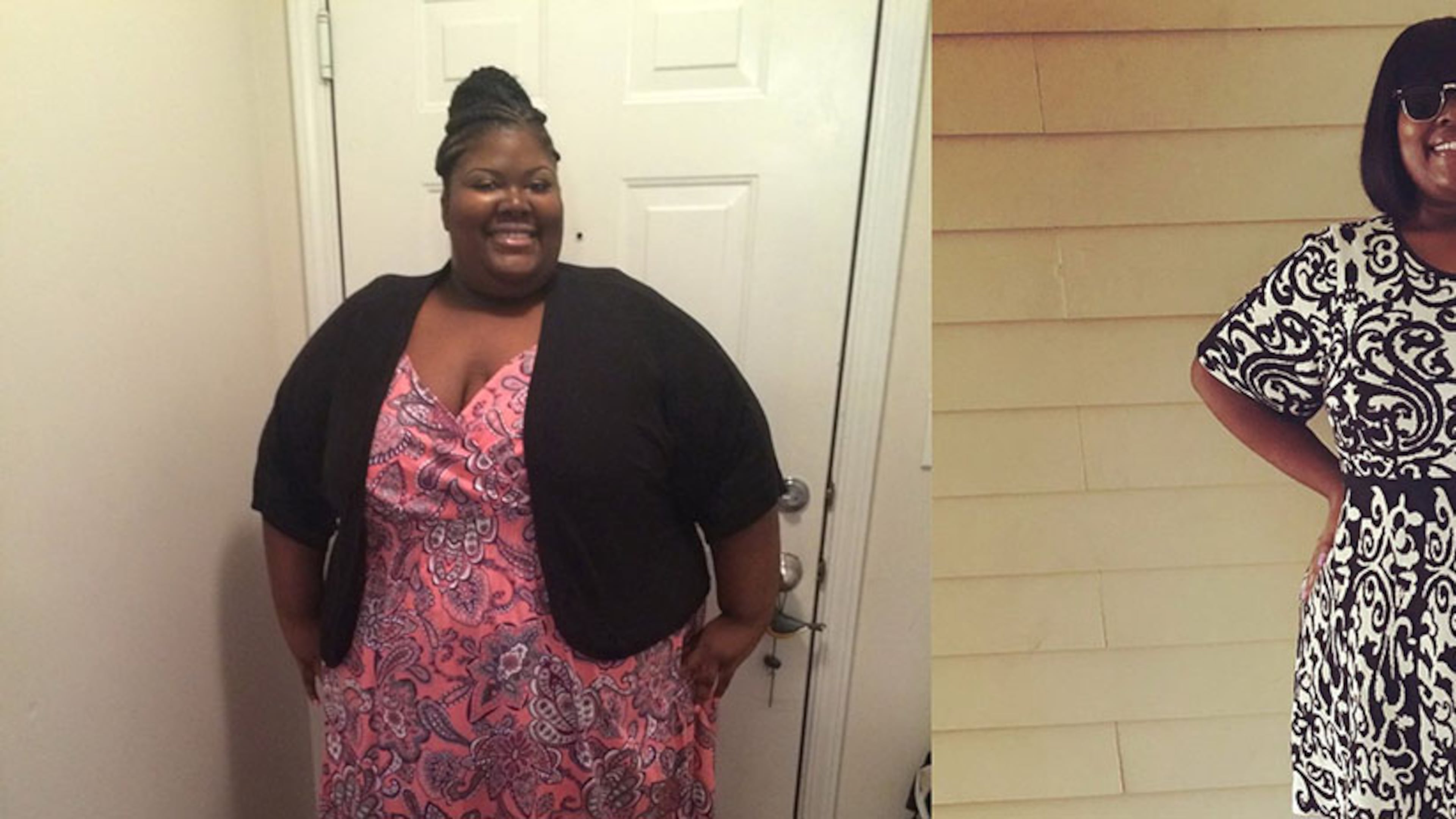 Amber Middlebrooks weighed 565 pounds when the photo on the left was taken in July 2014. In the photo on the right, taken earlier this month, Middlebrooks’ weight was 265 pounds. (photos contributed by Amber Middlebrooks).