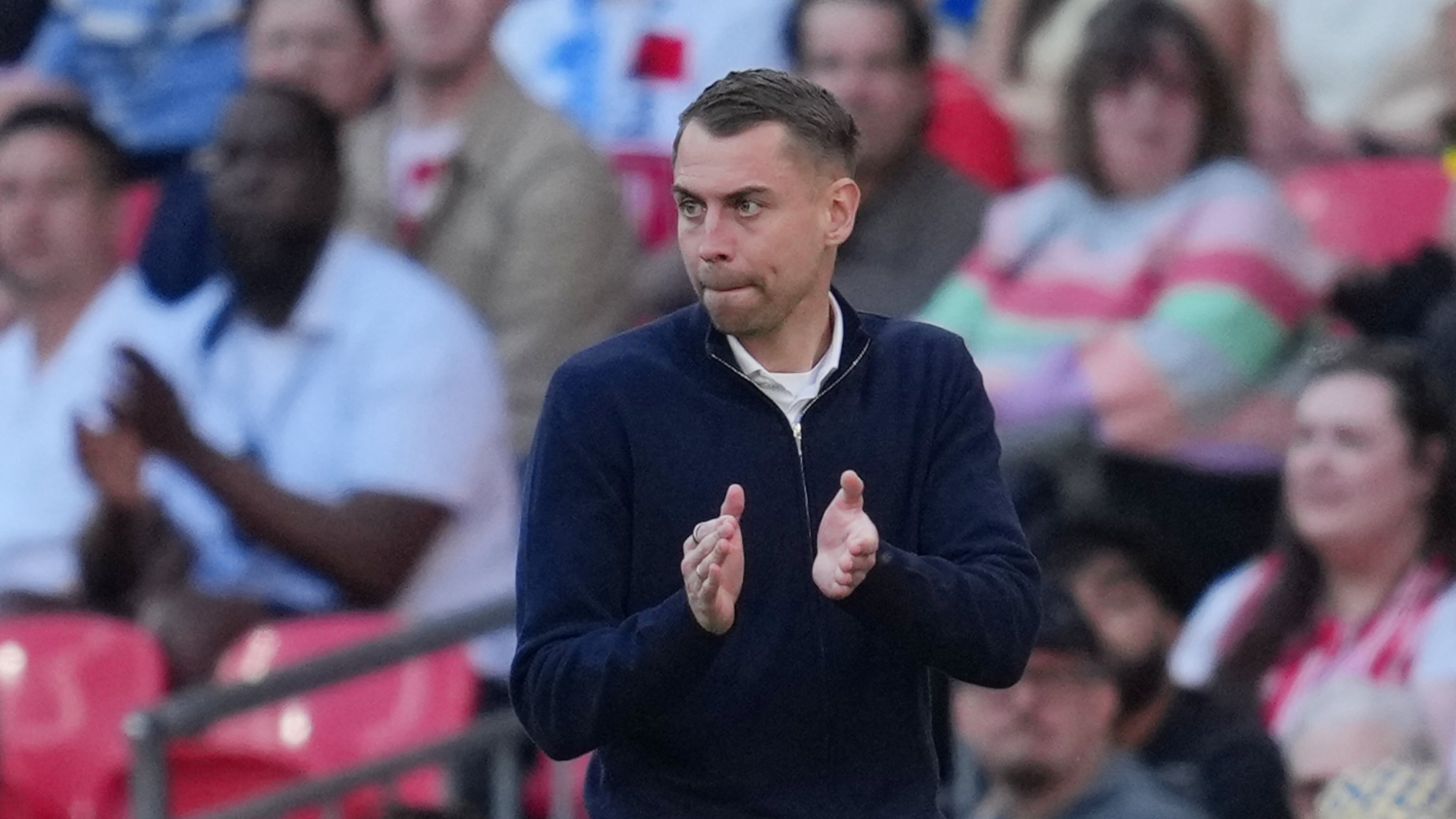 FILE - Southampton's coach Tonda Eckert reacts during the FA Cup semifinal soccer match between Manchester City and Southampton in Manchester, England, Saturday, April 25, 2026. (AP Photo/Kin Cheung, File(
