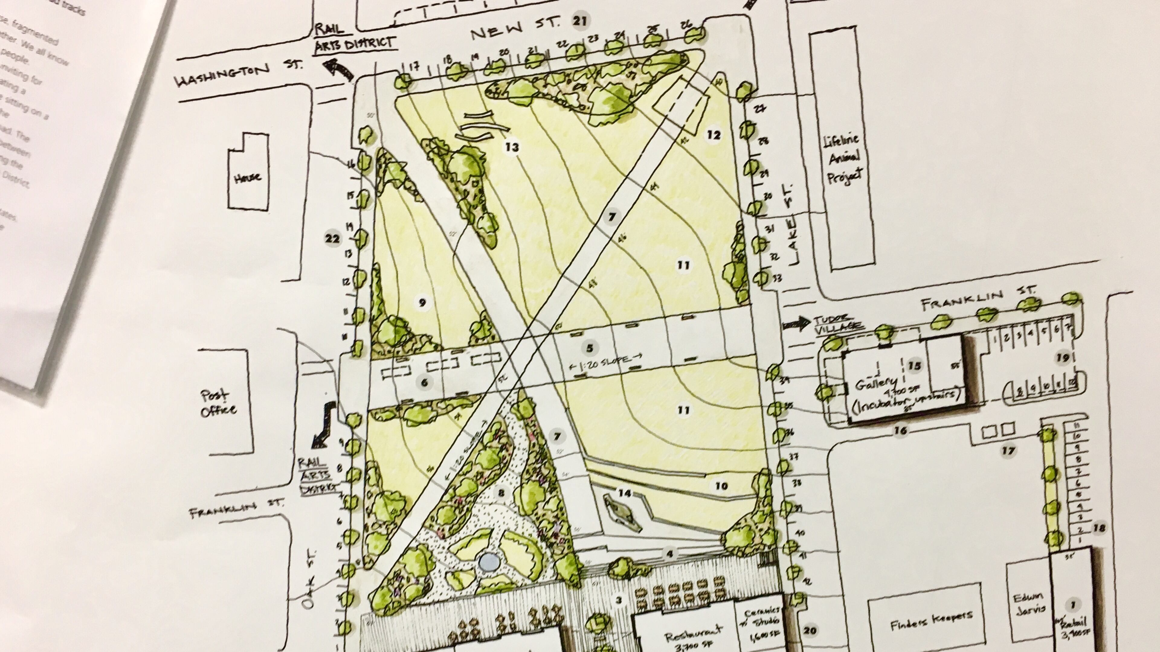 This is architect Sheri Locke’s overall conception for the four acres owned by Avondale Estates, tentatively called “Town Green.” This includes two retail buildings in front (on North Avondale Road) and a roughly 2.5 acre park behind them. The new purchase is in the southeast portion, including Finders Keepers, Edwin Jarvis and the the parking lot behind them. Courtesy Sheri Locke