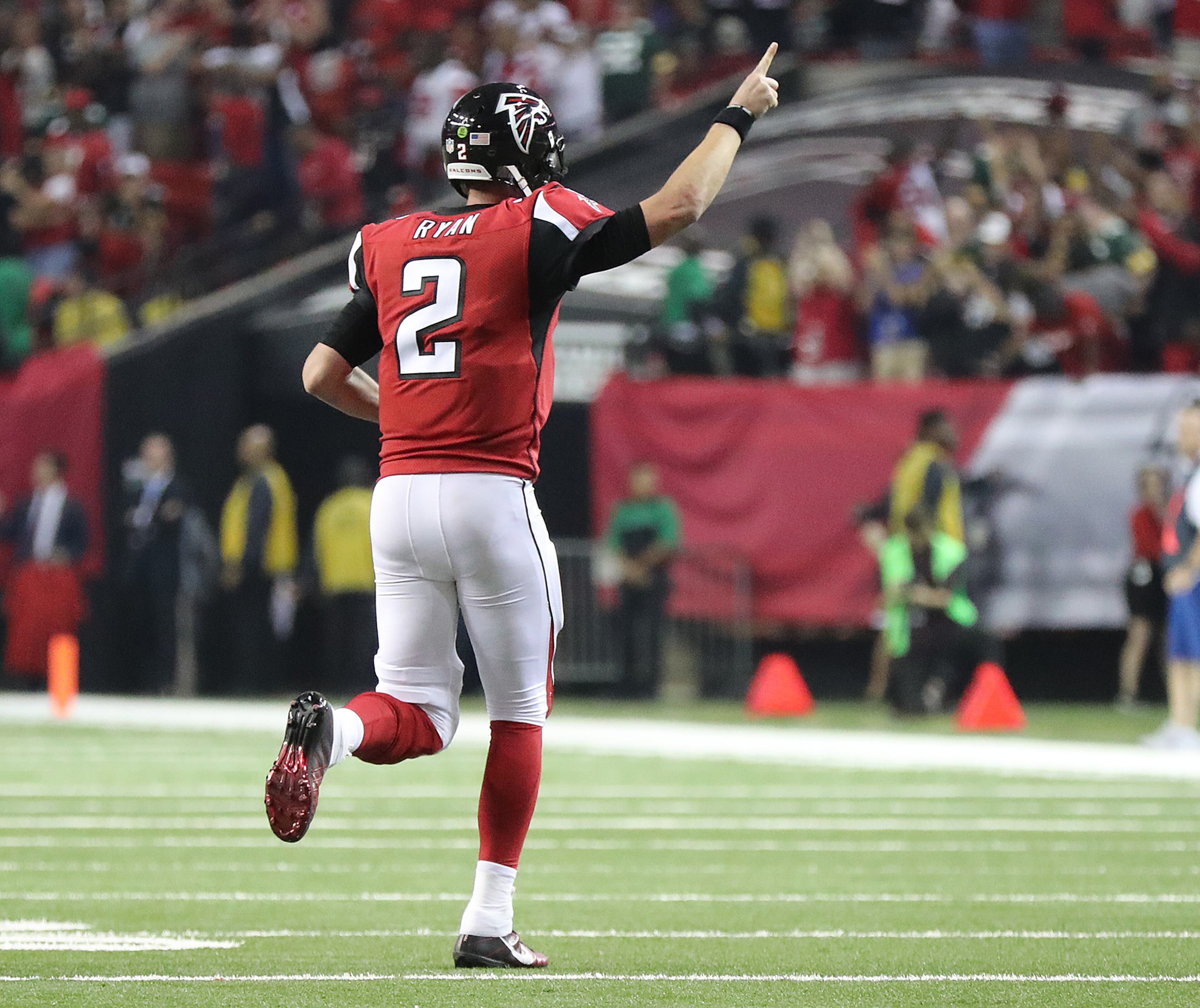 Matt Ryan celebrates as wide receiver Mohamed Sanu catches a touchdown pass for a 33-32 victory in an NFL football game on Sunday, Oct. 30, 2016, in Atlanta. Curtis Compton /ccompton@ajc.com