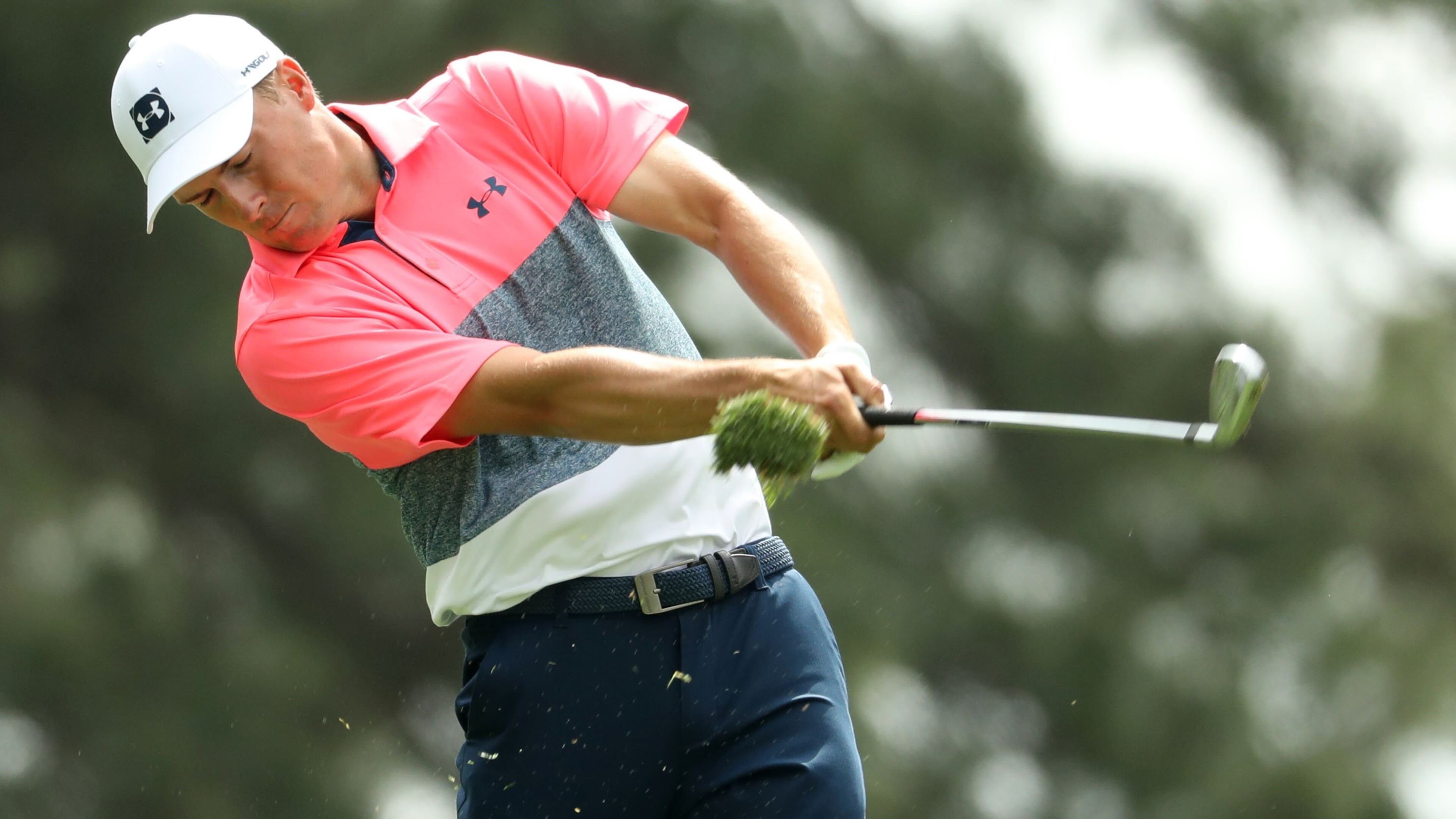 Jordan Spieth hits his tee shot on four during the second round of the Masters Tournament Friday, April 12, 2019, at Augusta National Golf Club in Augusta. Jason Getz / Special to the AJC