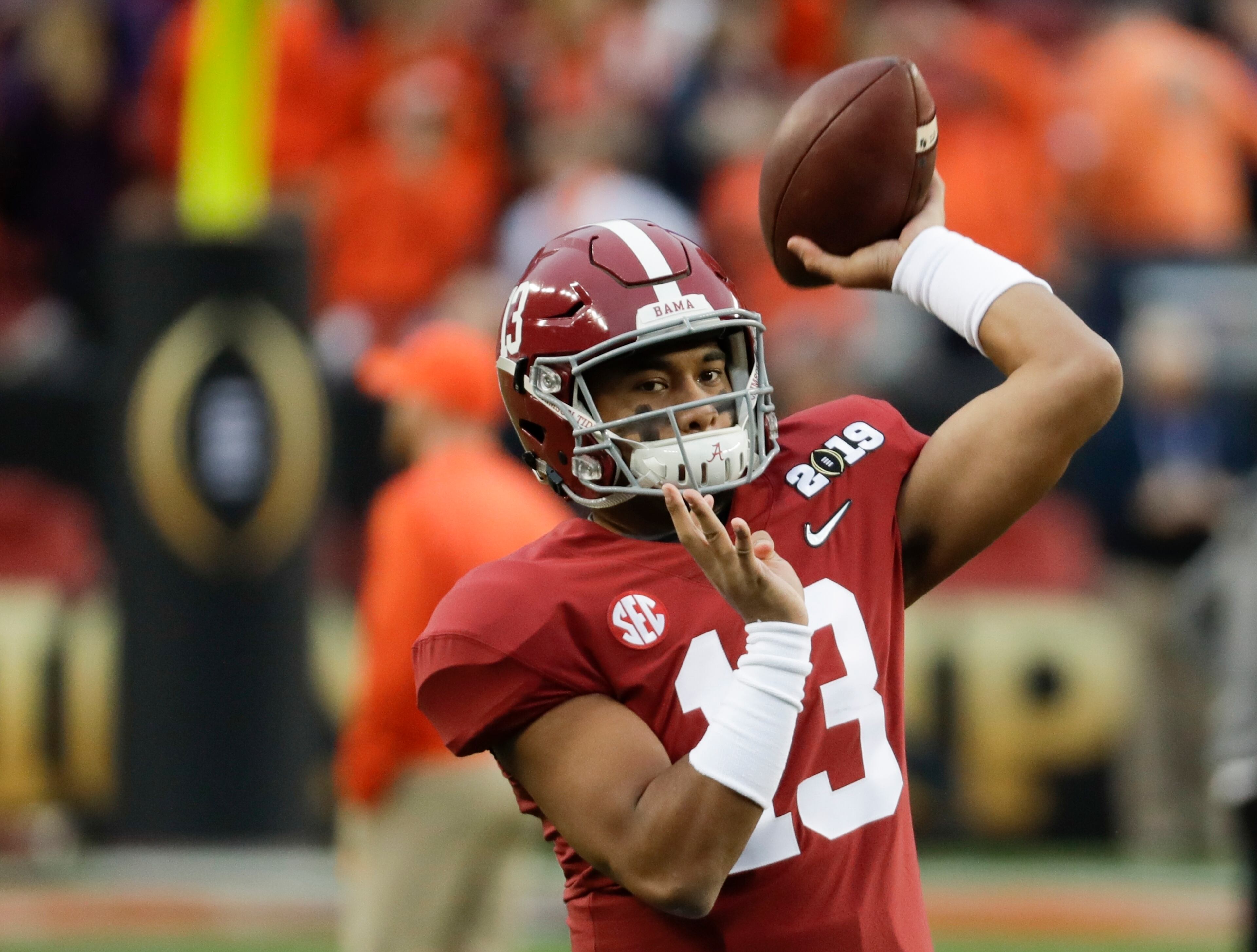 Alabama's Tua Tagovailoa warms up before the NCAA college football playoff championship game against Clemson Monday, Jan. 7, 2019, in Santa Clara, Calif.