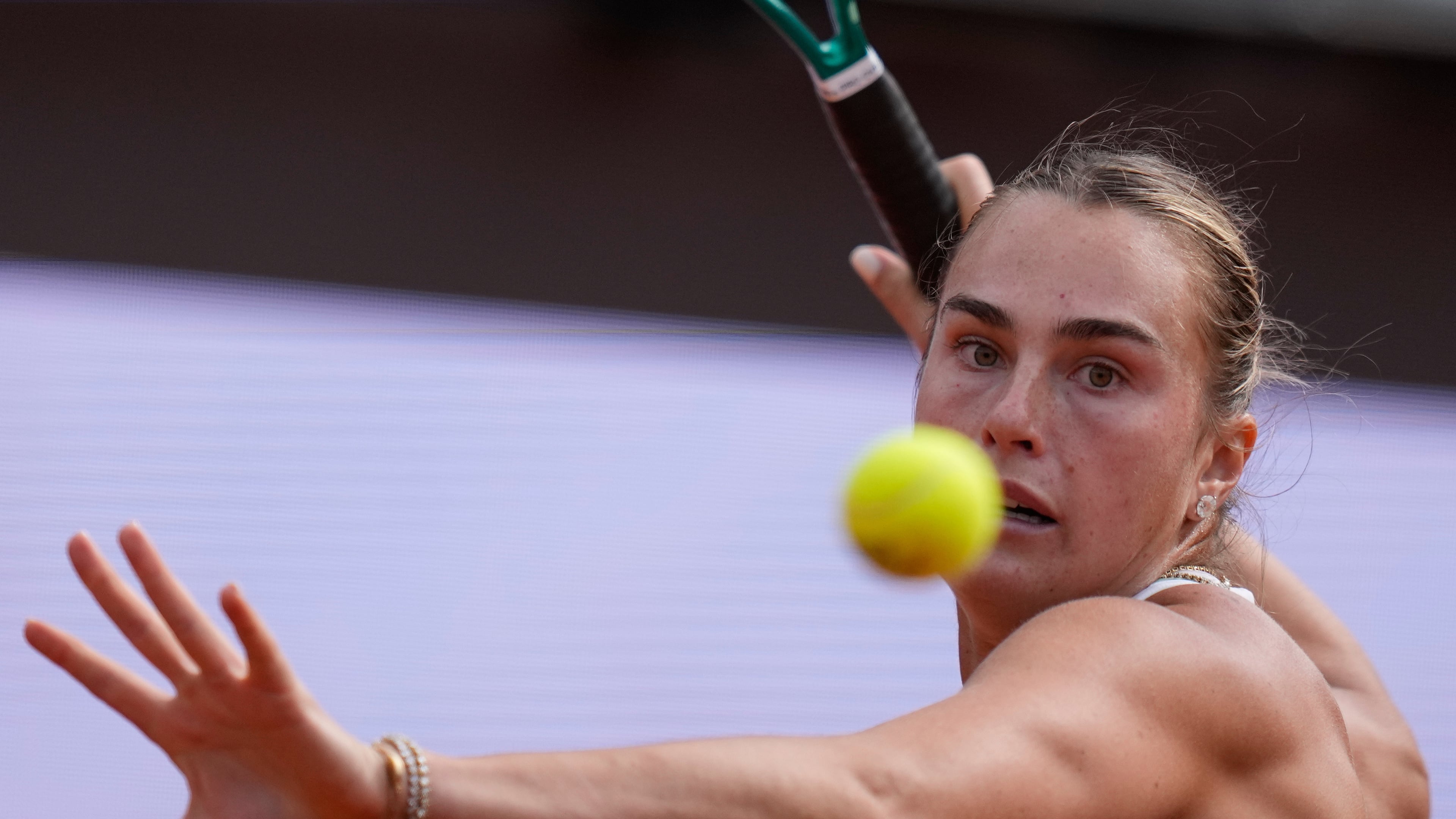 Belarus' Aryna Sabalenka returns the ball to Romania's Sorana Cirstea during their match at the Italian Open tennis tournament in Rome, Saturday, May 9, 2026. (AP Photo/Alessandra Tarantino)