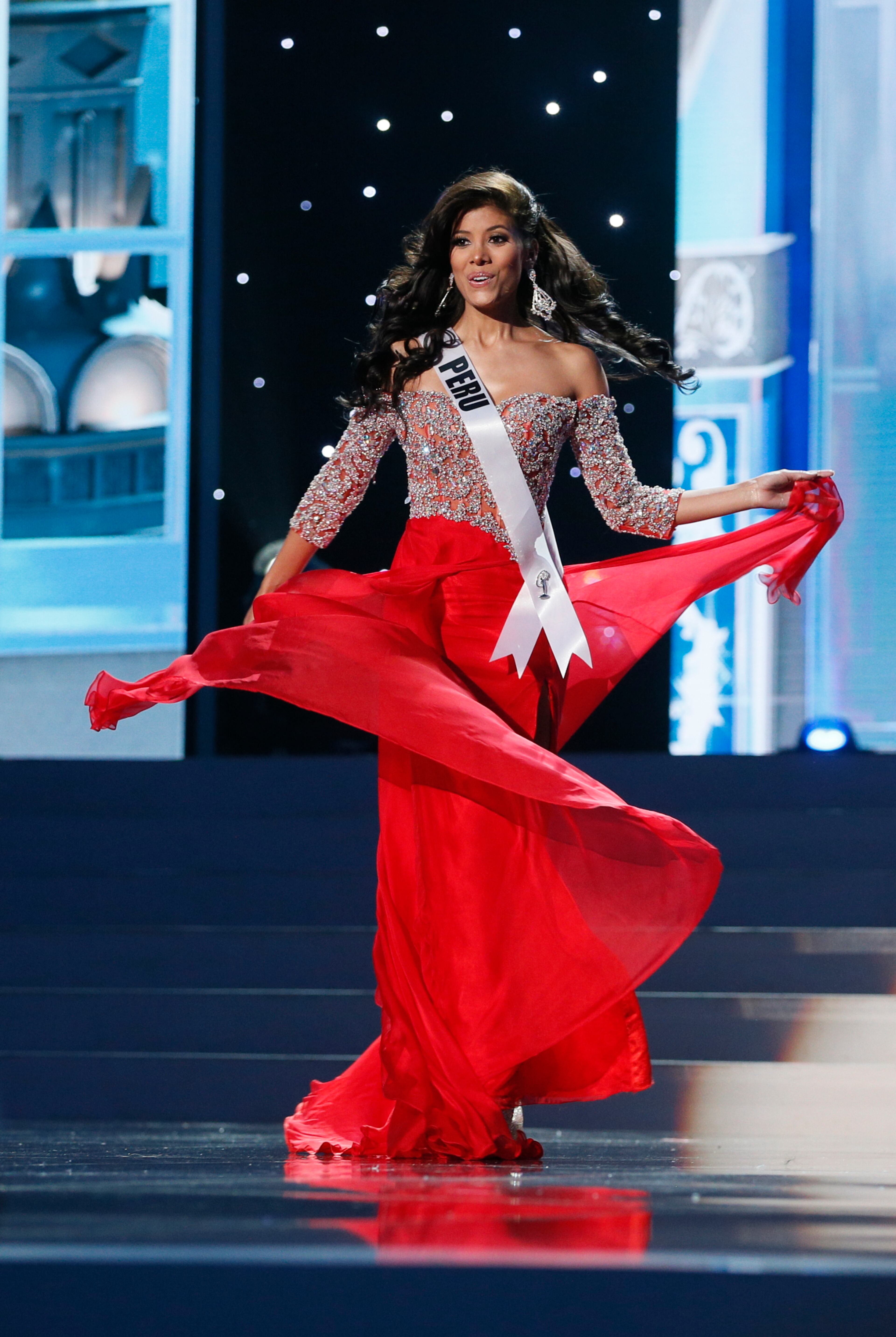 Miss Peru Cindy Meja presents herself during the preliminary competition of the 2013 Miss Universe pageant in Moscow, Russia, on Tuesday, Nov. 5, 2013. Beauties will compete for the title of Miss Universe in Moscow on Nov. 9.