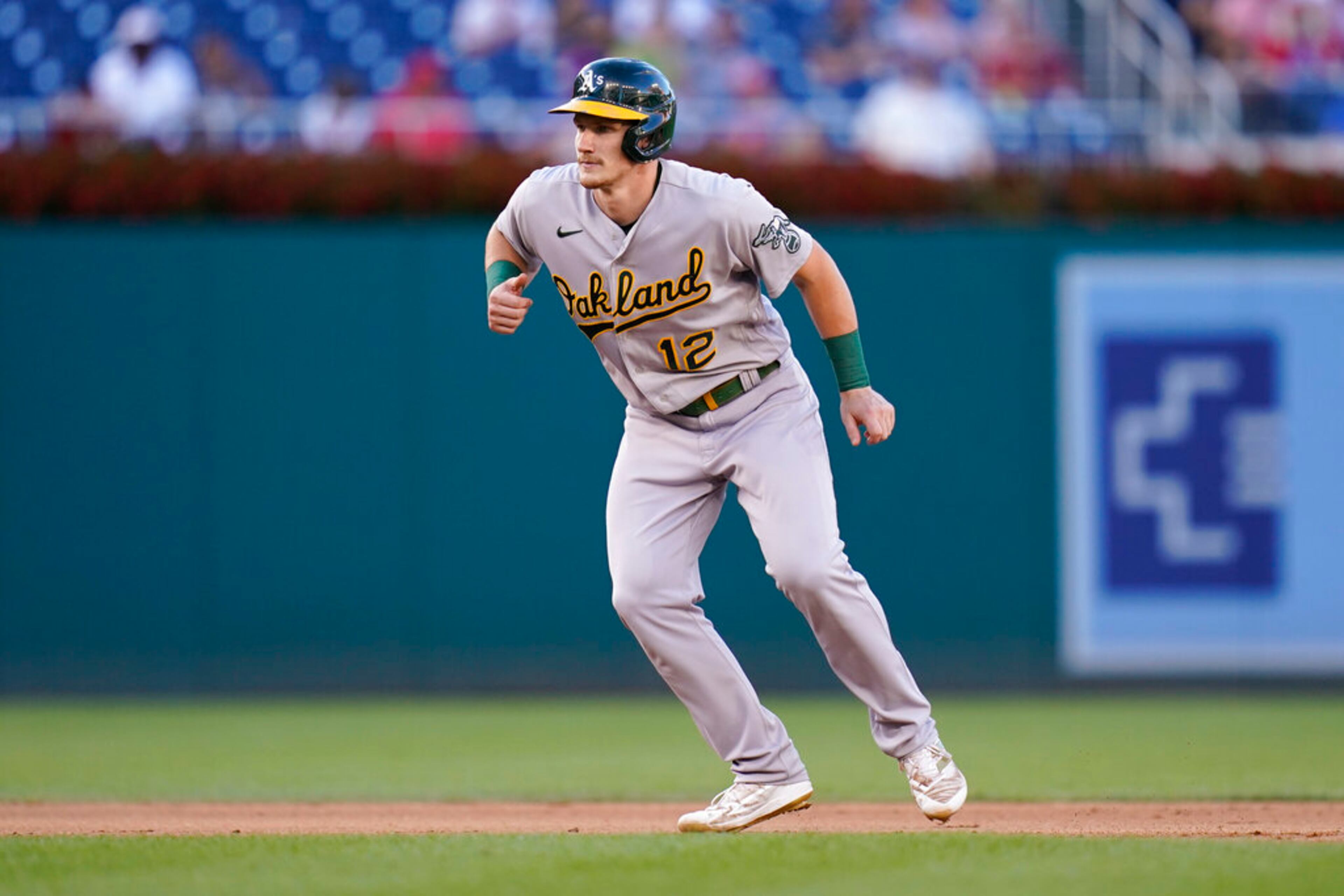 Oakland Athletics' Sean Murphy takes a lead from second base during a baseball game against the Washington Nationals, Thursday, Sept. 1, 2022, in Washington. (AP Photo/Patrick Semansky)
