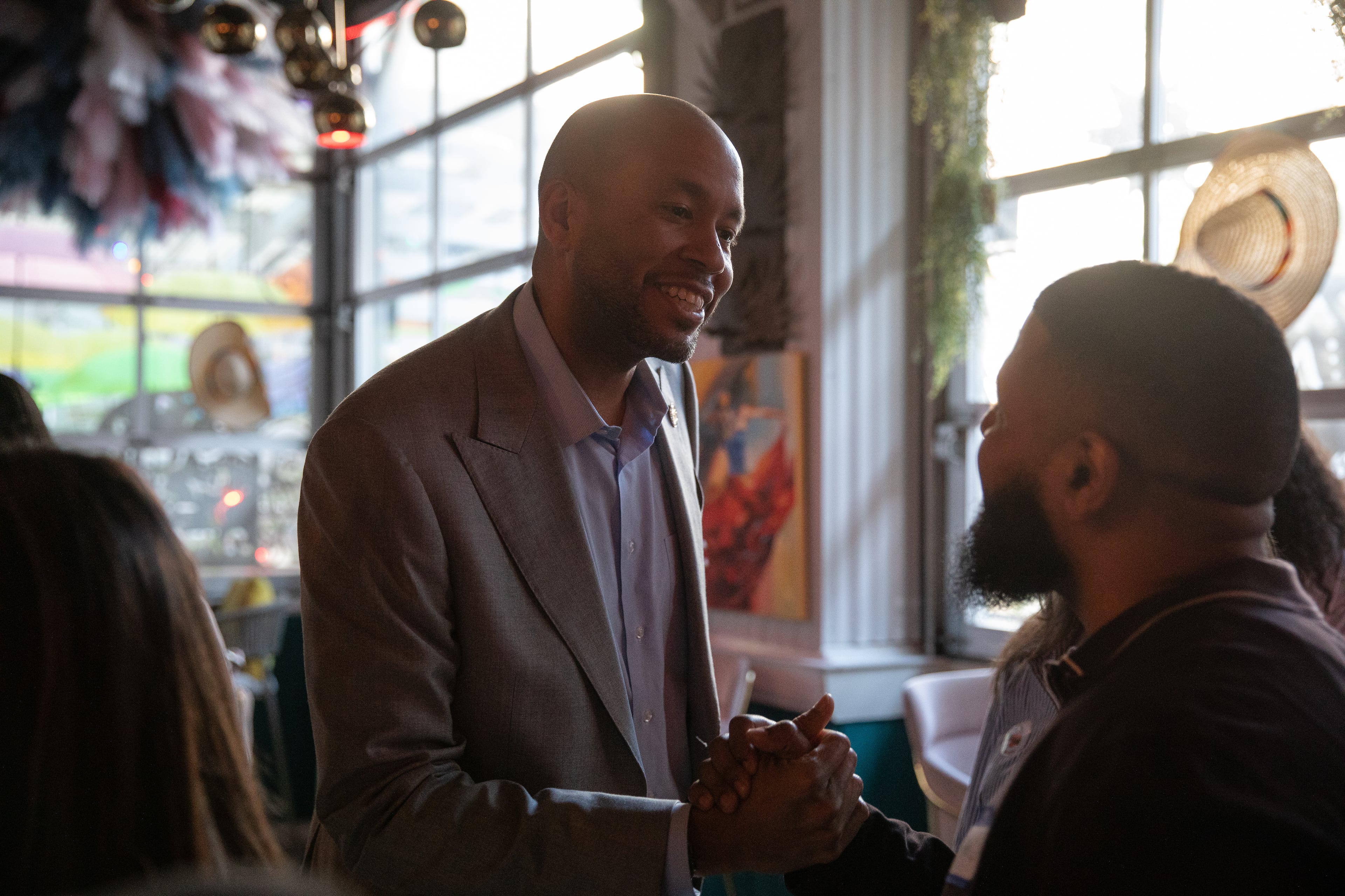 Democratic State sen. Jason Esteves meets with young professionals in Midtown on May 4, 2026 at a campaign event during his bid for governor. (Riley Bunch/AJC)