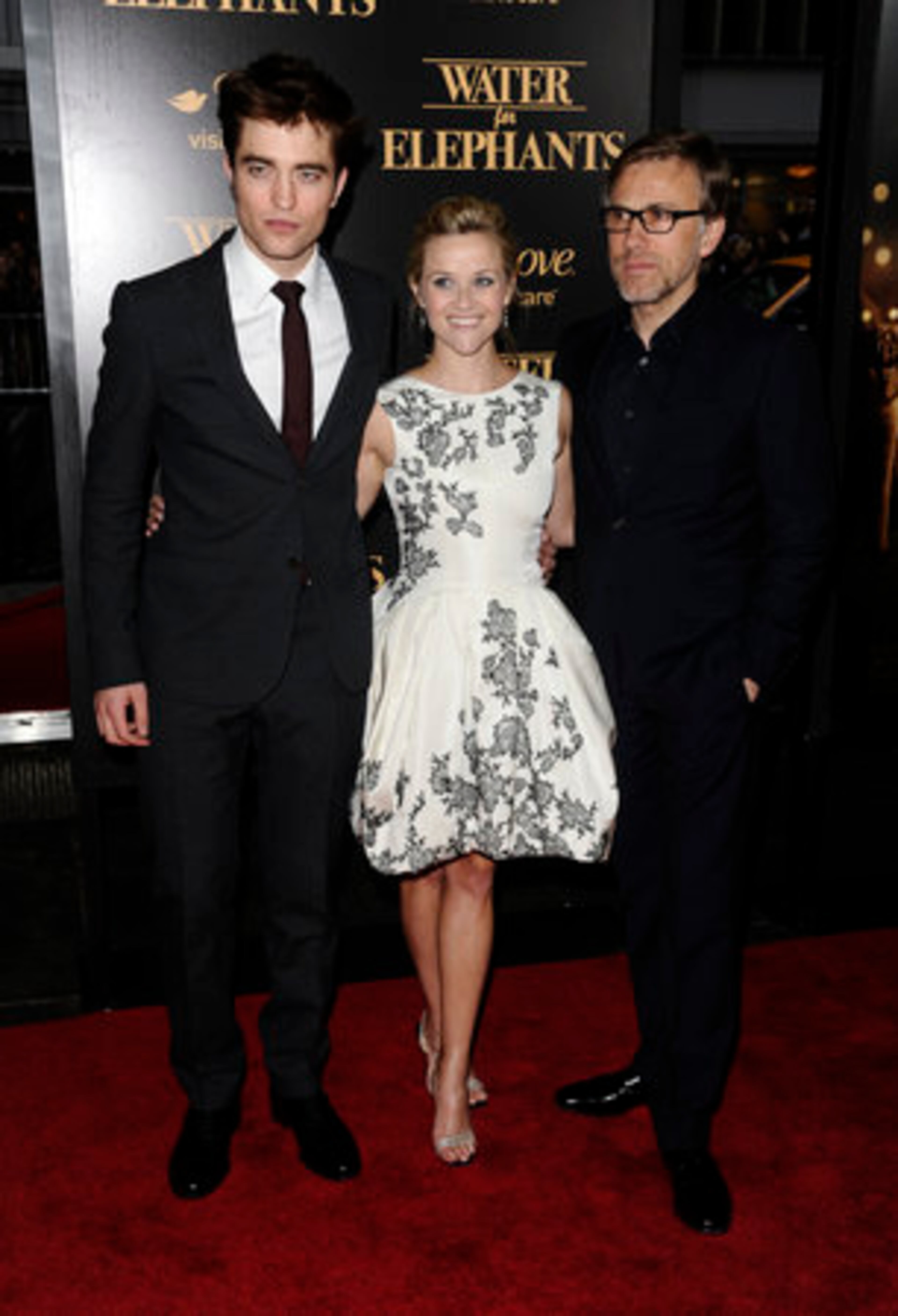 From left, actors Robert Pattinson, Reese Witherspoon and Christoph Waltz attend the premiere of "Water For Elephants" at The Ziegfeld Theater in New York on Sunday, April 17, 2011.