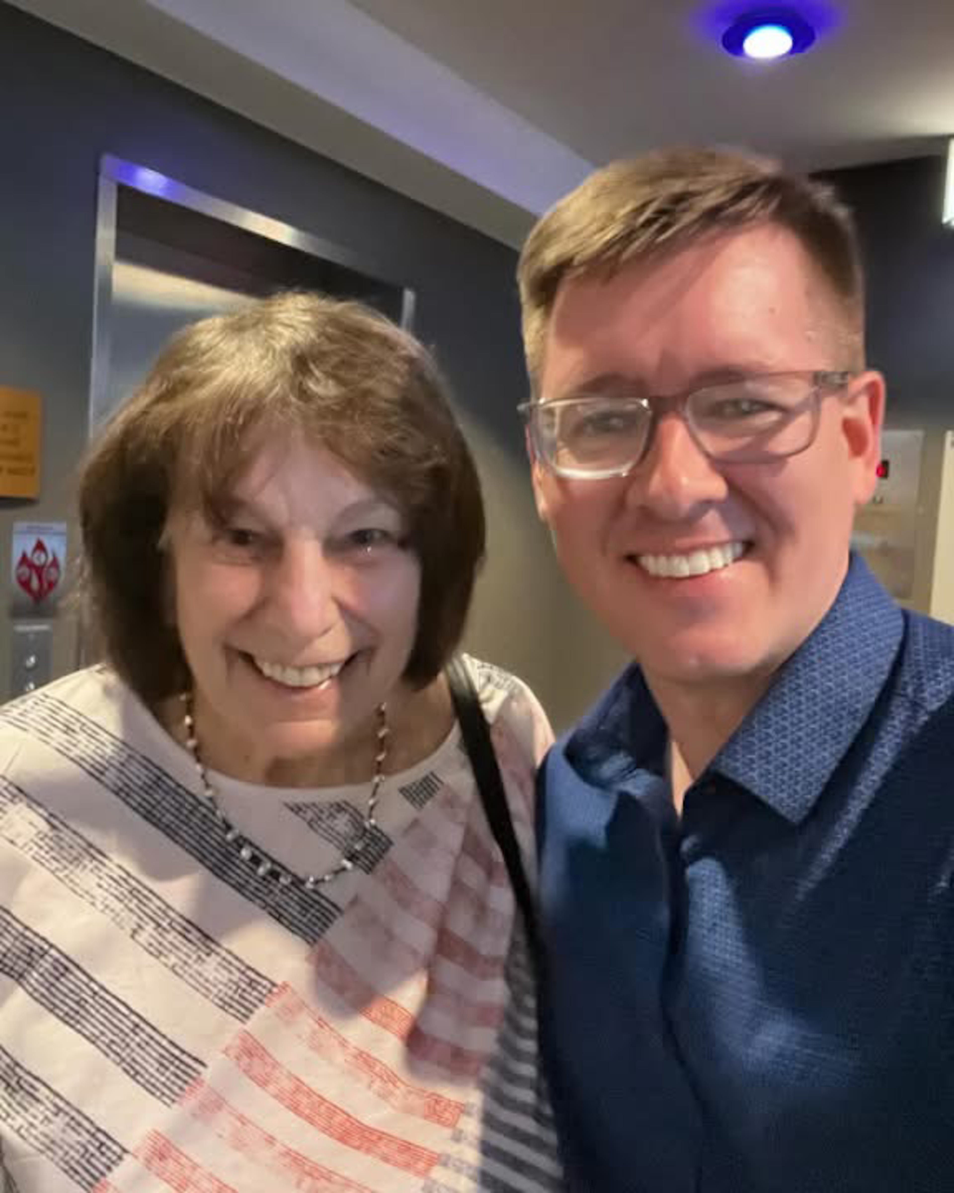 Susan with Suzi Awards judging coordinator John Waymire. The last theater peformance they caught together was “Hot Jambalaya” at Horizon Theatre on opening night in late May. (Photo courtesy of John Waymire)
