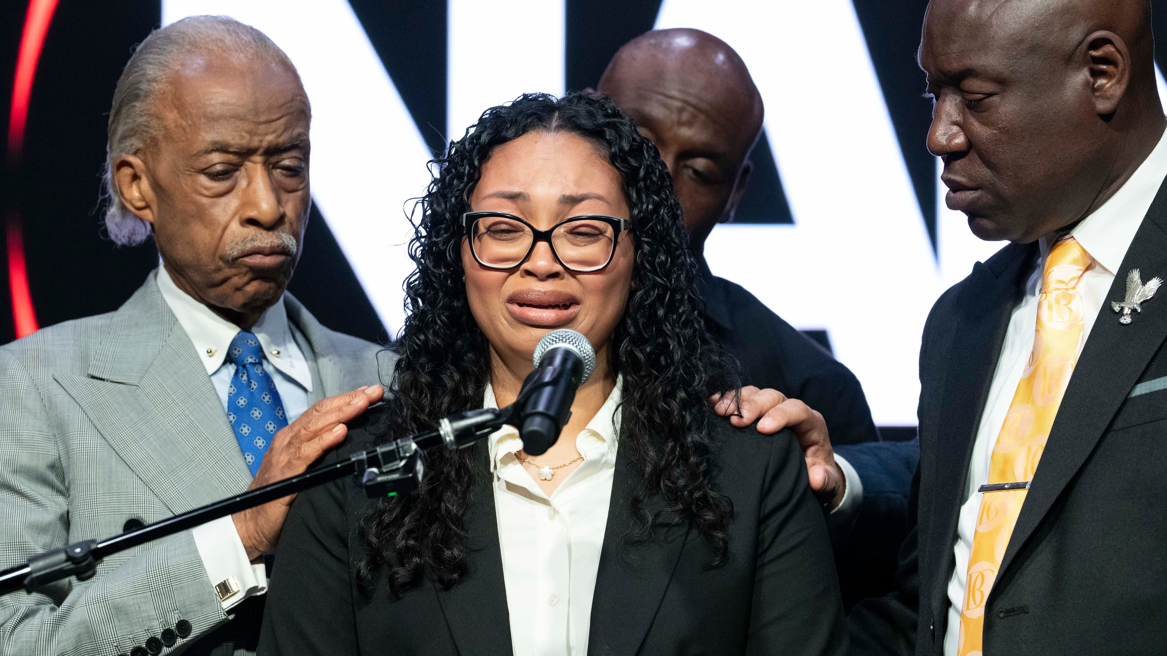 Christine Wonsley, mother of Nolan Xavier Wells, reacts as she speaks during a news conference at National Action Network headquarters, Friday, July 10, 2026, in New York. (AP Photo/Yuki Iwamura)