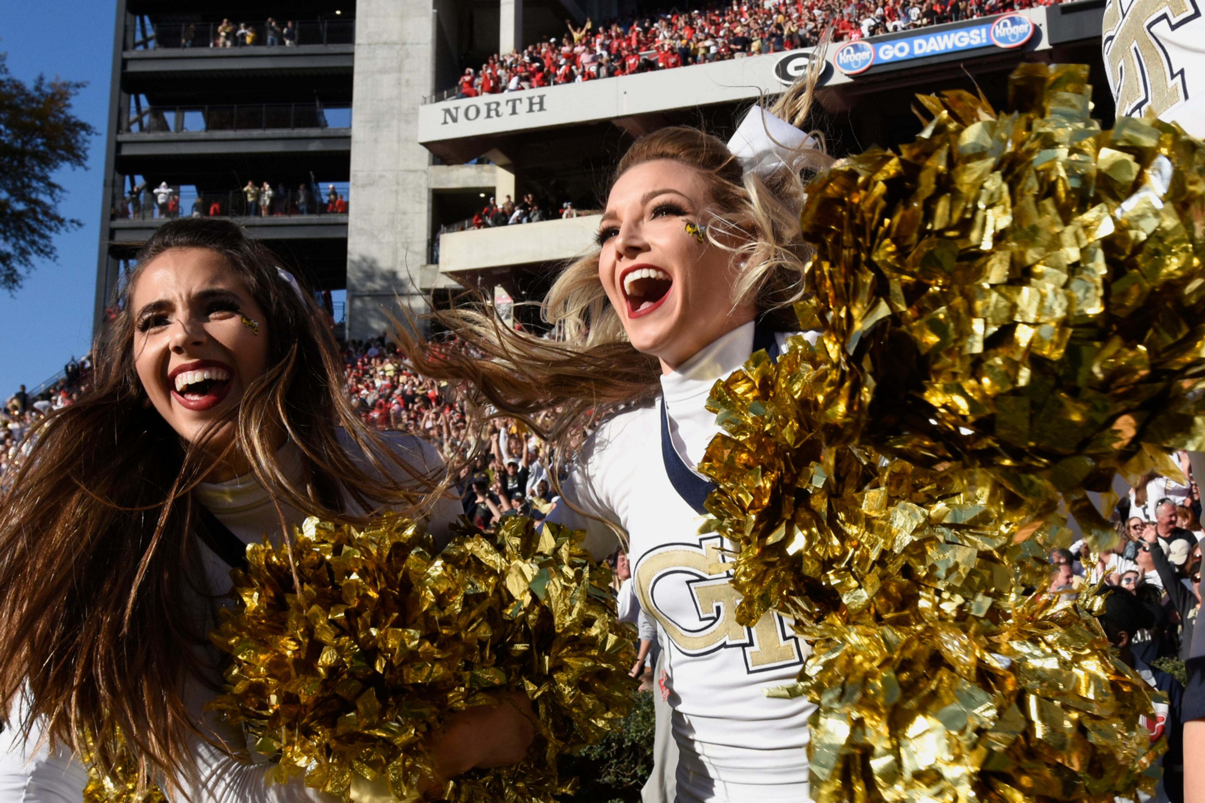 November 26, 2016, Athens - Georgia Tech cheerleaders celebrate as Georgia Tech beats the University of Georgia 28-27 in Athens, Georgia, on Saturday, November 26, 2016. (DAVID BARNES / DAVID.BARNES@AJC.COM)