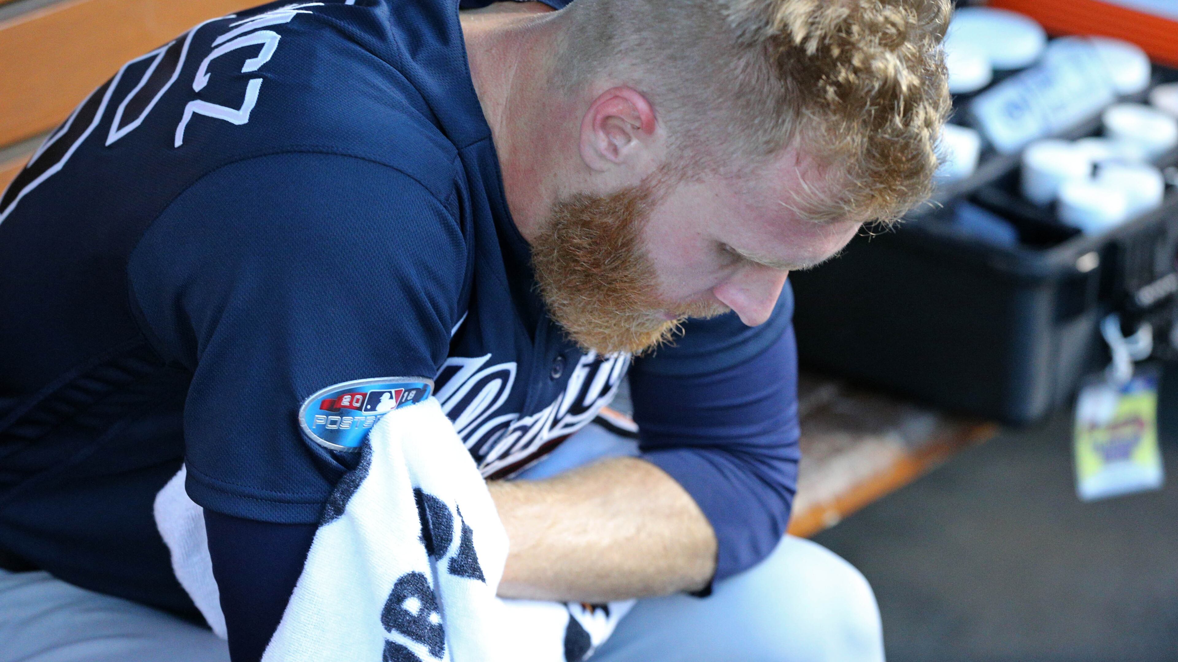 Braves starting pitcher Mike Foltynewicz reacts in the dugout after giving up a home run to the Los Angeles Dodgers in the first inning. The Braves lost 6-0. Curtis Compton/ccompton@ajc.com
