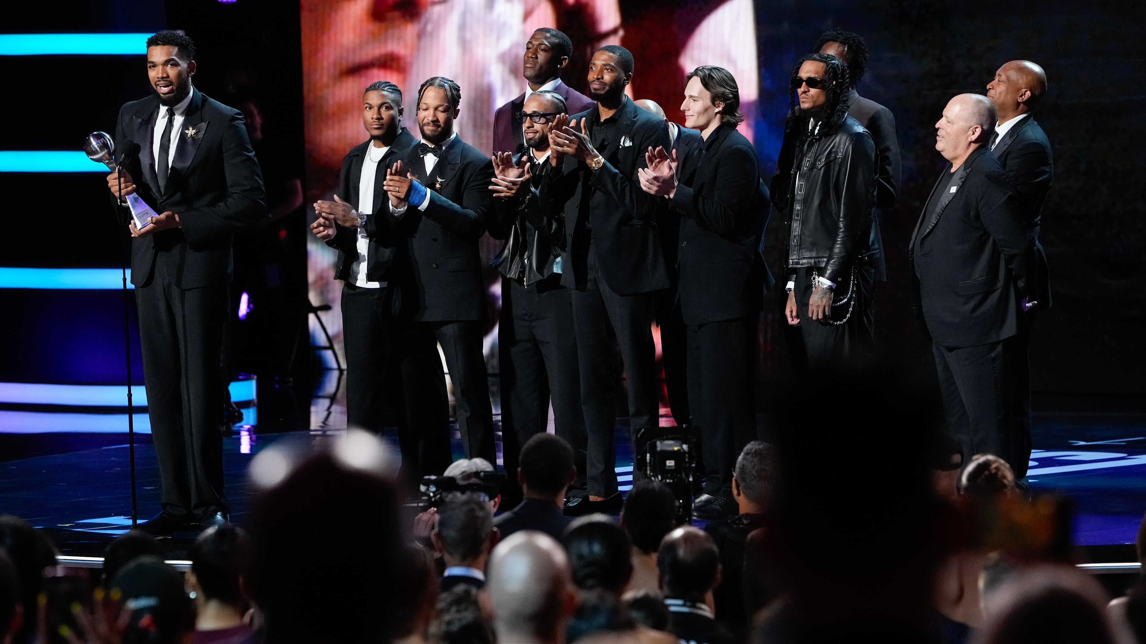 Members of the New York Knicks accept the best team award at the ESPY Awards in the David H. Koch Theater at Lincoln Center Wednesday, July 15, 2026, in New York. (AP Photo/Frank Franklin II)