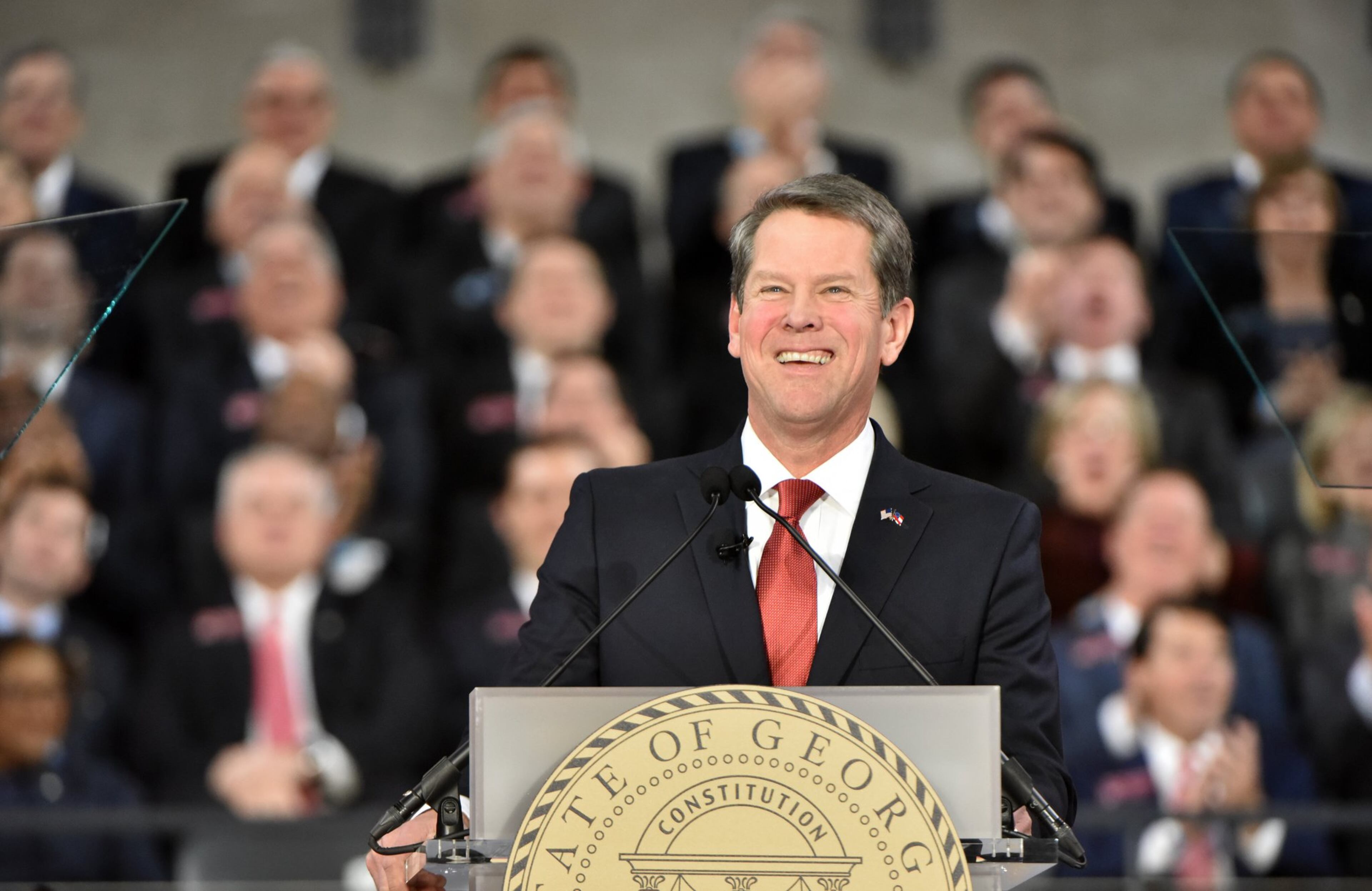 Georgia’s 83rd governor, Brian Kemp, speaks after taking the oath of office during the swearing-in ceremony at McCamish Pavilion on the campus of Georgia Tech on Monday, Jan. 14, 2019.