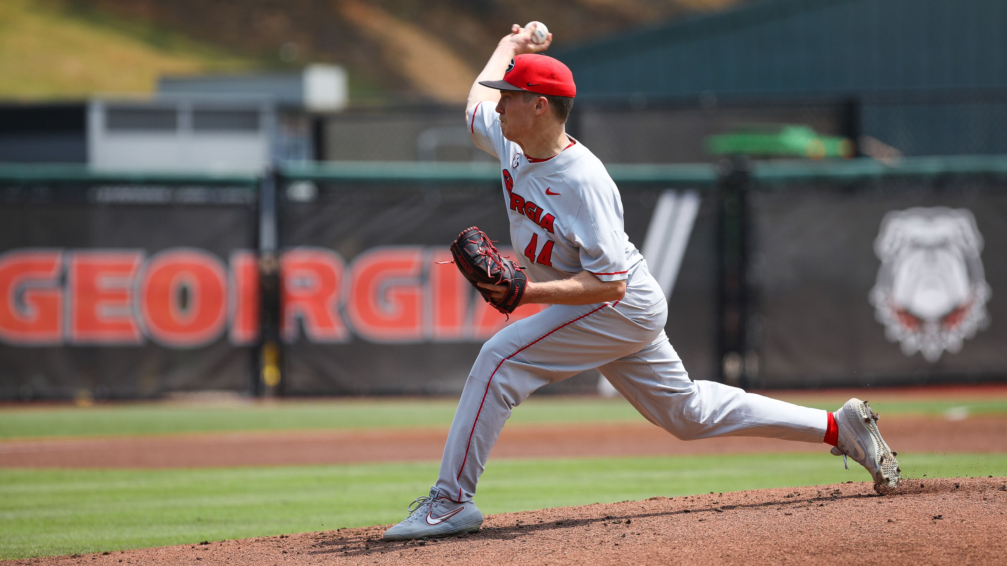 Georgia pitcher Tim Elliott (44) completes the shutout during the NCAA regional baseball game against Florida Atlantic Sunday, June 2, 2019, at Foley Field in Athens.