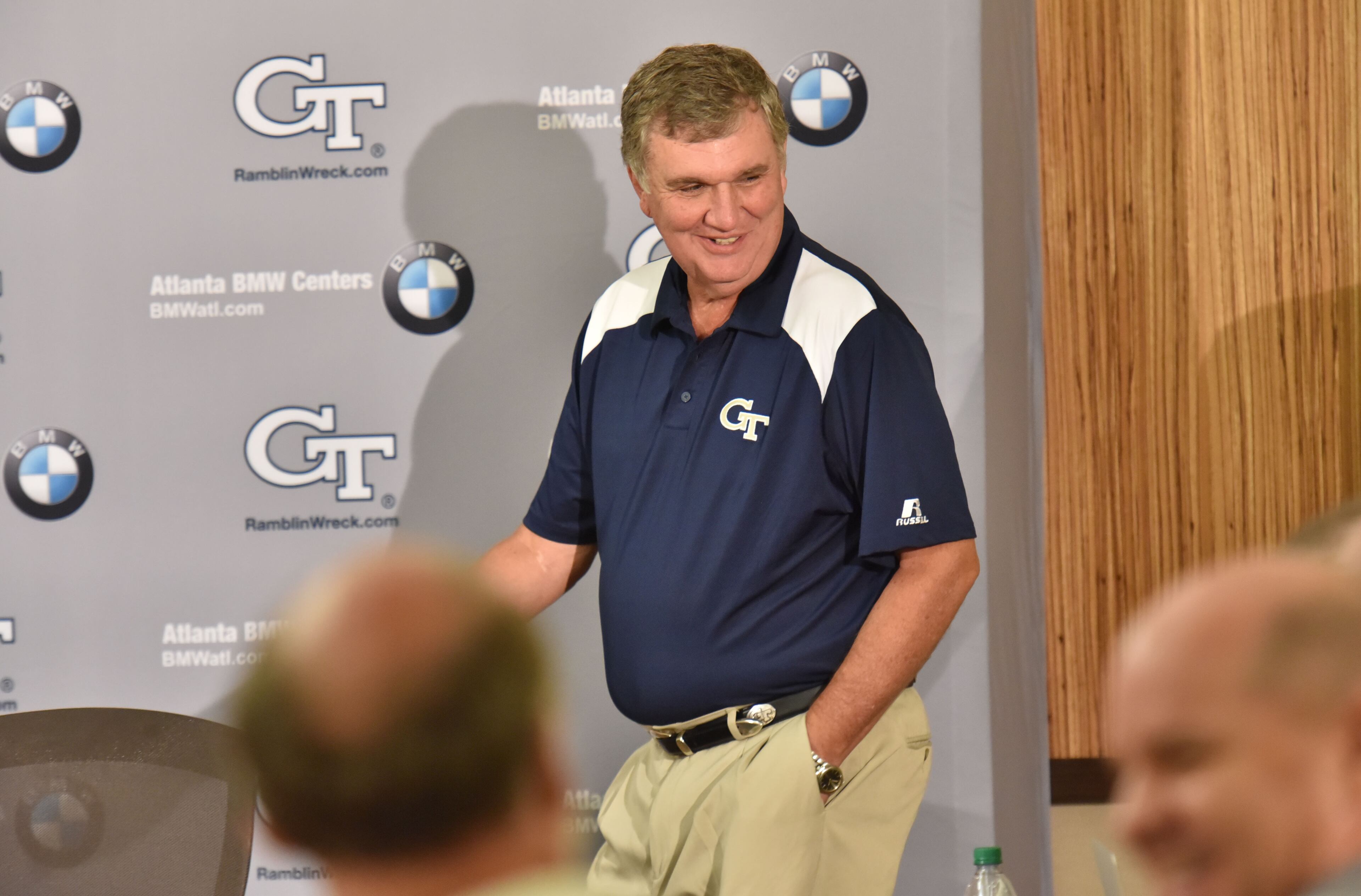 Georgia Tech head coach Paul Johnson enters for a news conference Saturday, August 6, 2016. HYOSUB SHIN / HSHIN@AJC.COM