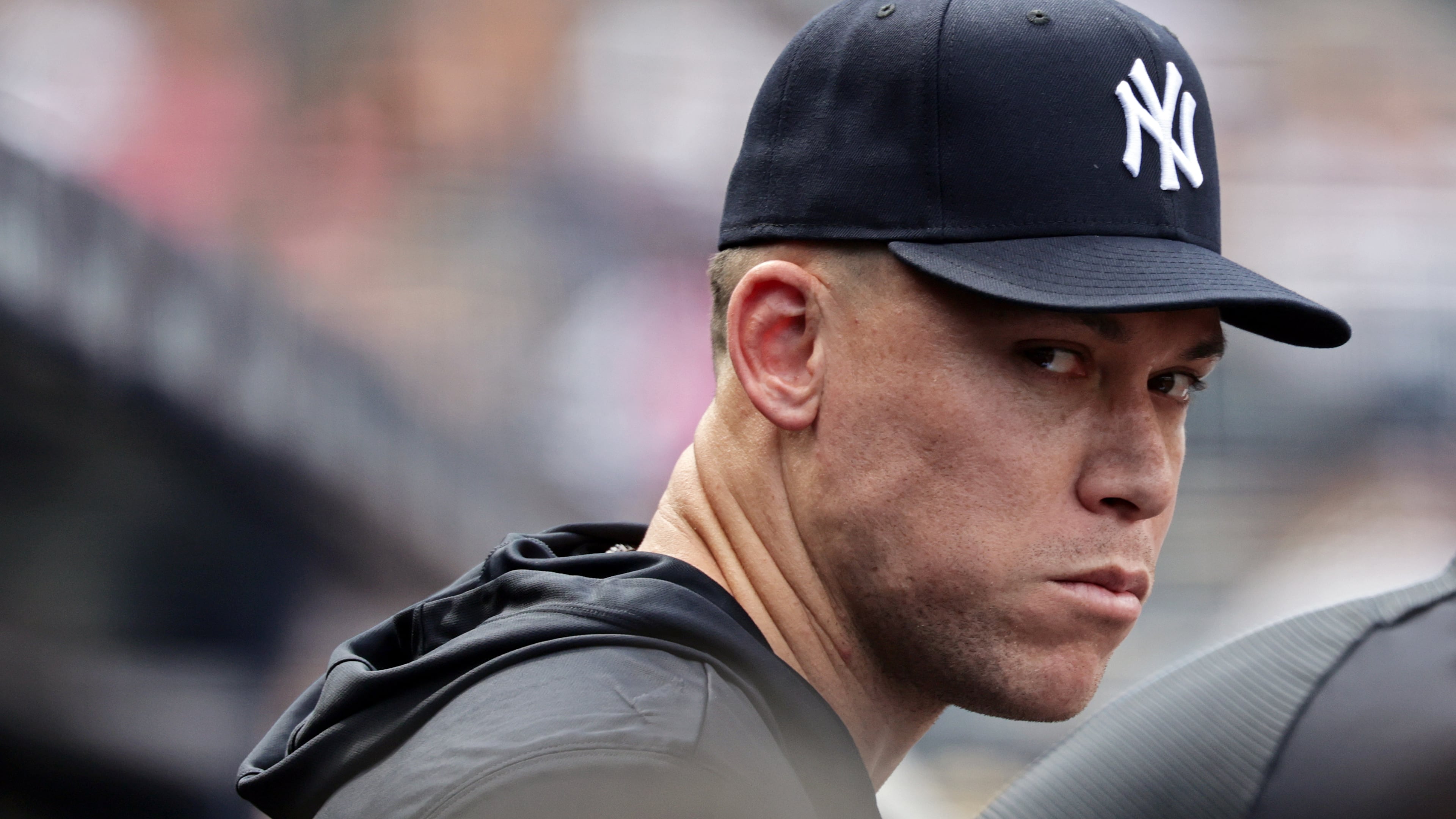 New York Yankees' Aaron Judge looks on in the ninth inning during the first baseball game of a doubleheader against the Pittsburgh Pirates, Wednesday, July 22, 2026, in New York. (AP Photo/Adam Hunger)