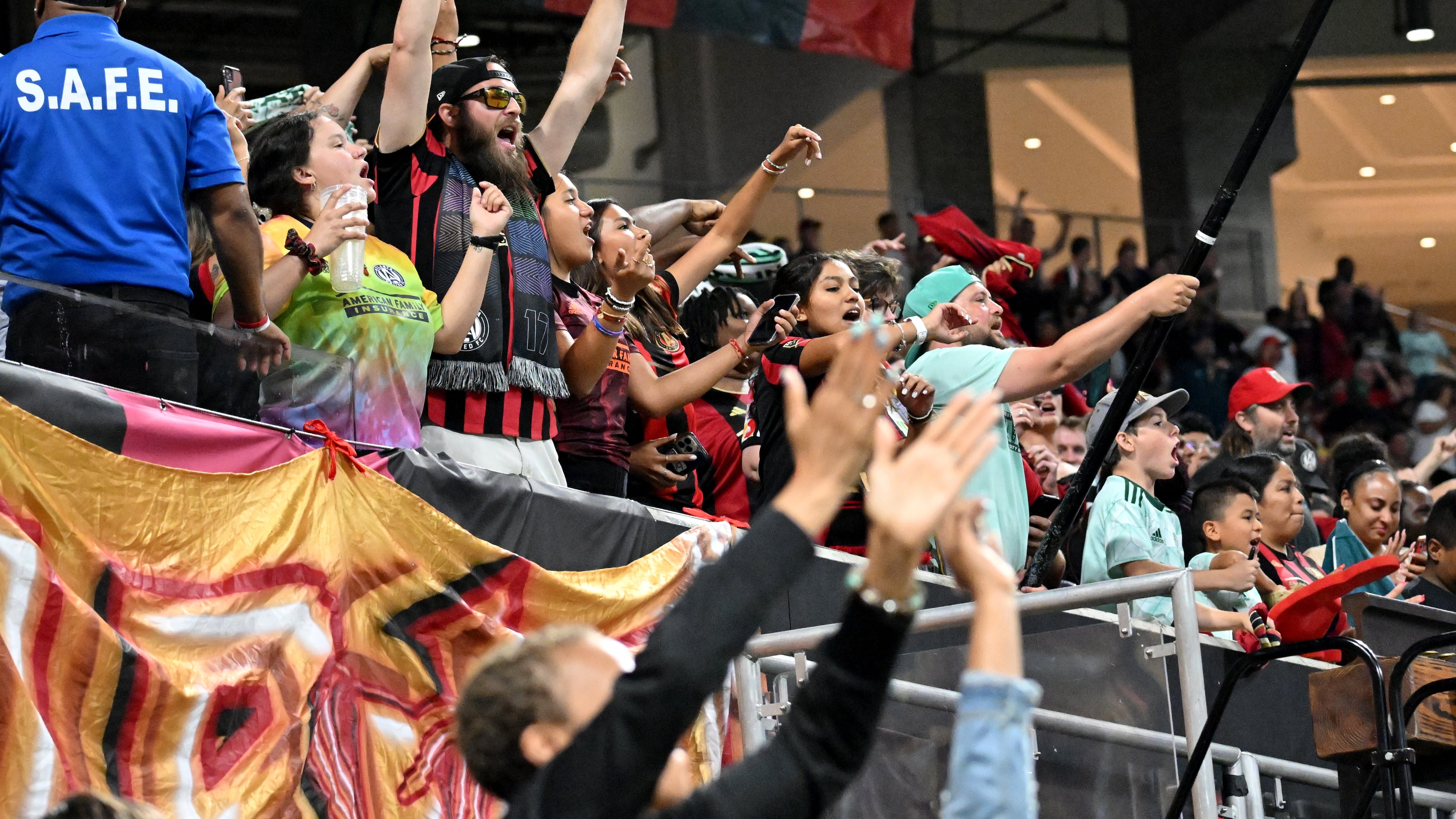 Atlanta United fans react after Atlanta United’s midfielder Nick Firmino scored to tie the game at the end of the second half in a MLS soccer match at Mercedes-Benz Stadium, Wednesday, June 21, 2023, in Atlanta. (Hyosub Shin / Hyosub.Shin@ajc.com)