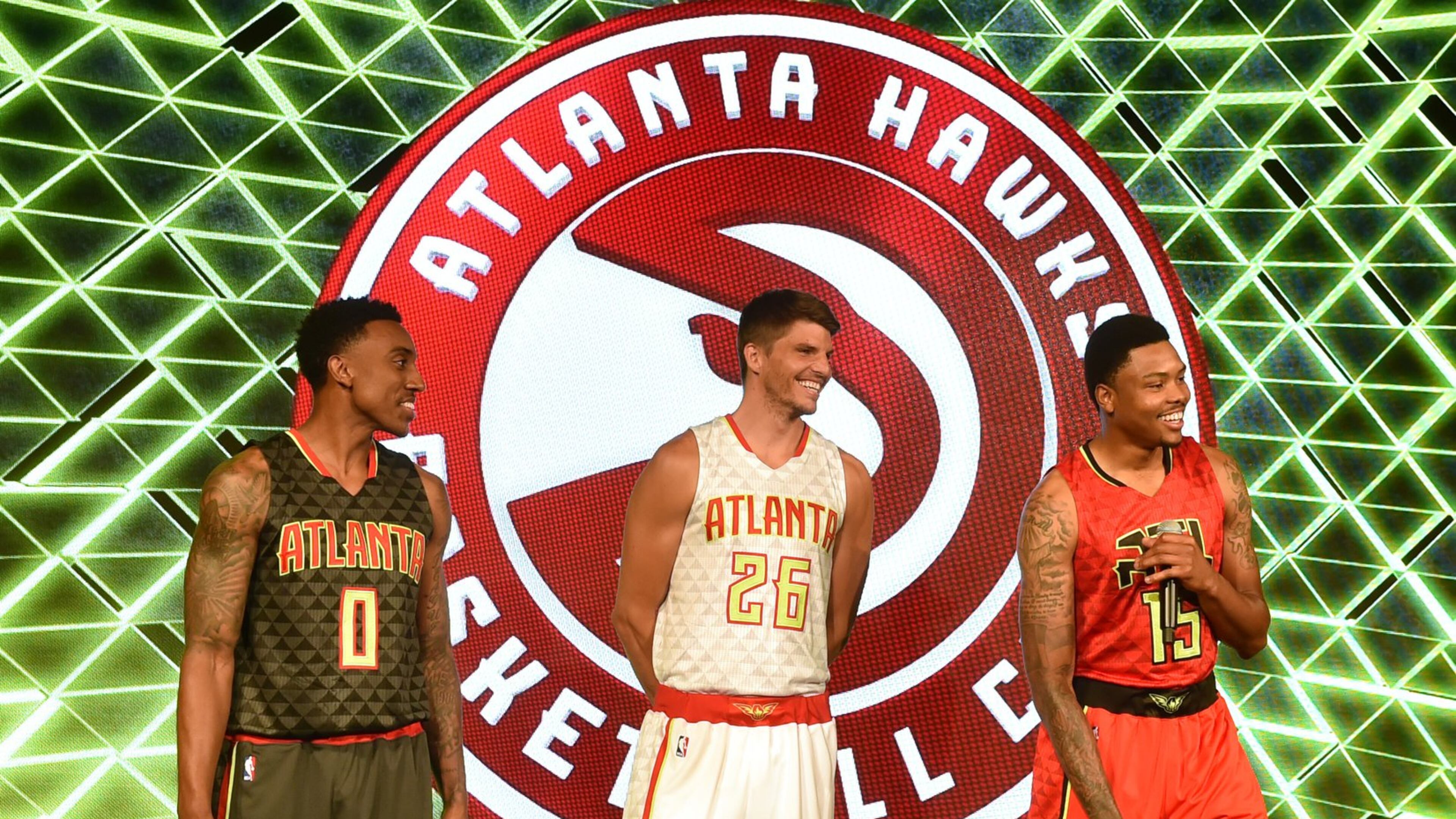 The Atlanta Hawks unveiled their new uniforms earliers this summer. Road uniform on the left, home uniform in the center, alternate road uniform on the right. BRANT SANDERLIN/BSANDERLIN@AJC.COM