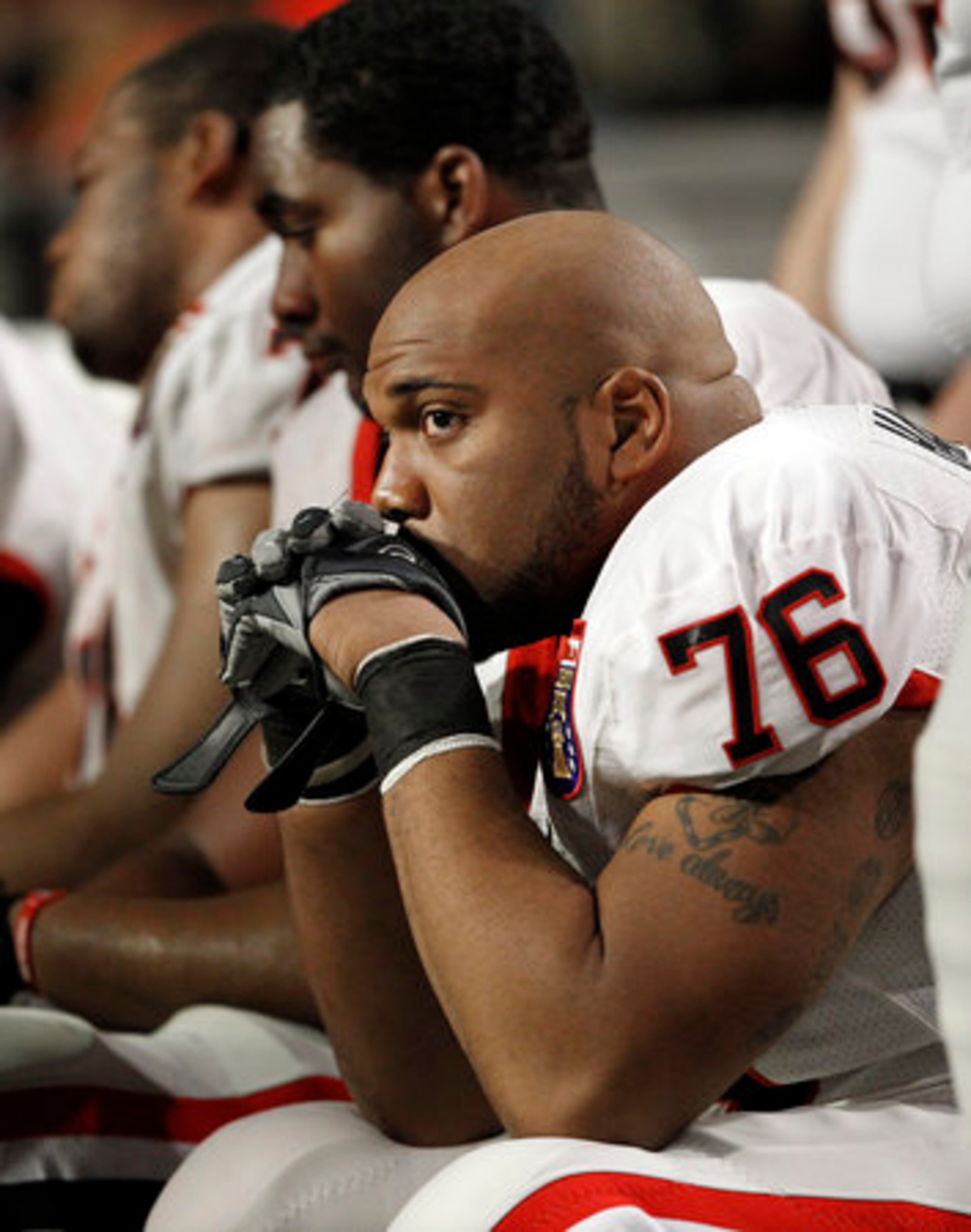 Georgia guard Ben Harden (76) sits on the bench in the fourth quarter of the Liberty Bowl NCAA college football game Friday, Dec. 31, 2010 in Memphis, Tenn. Central Florida beat Georgia 10-6.