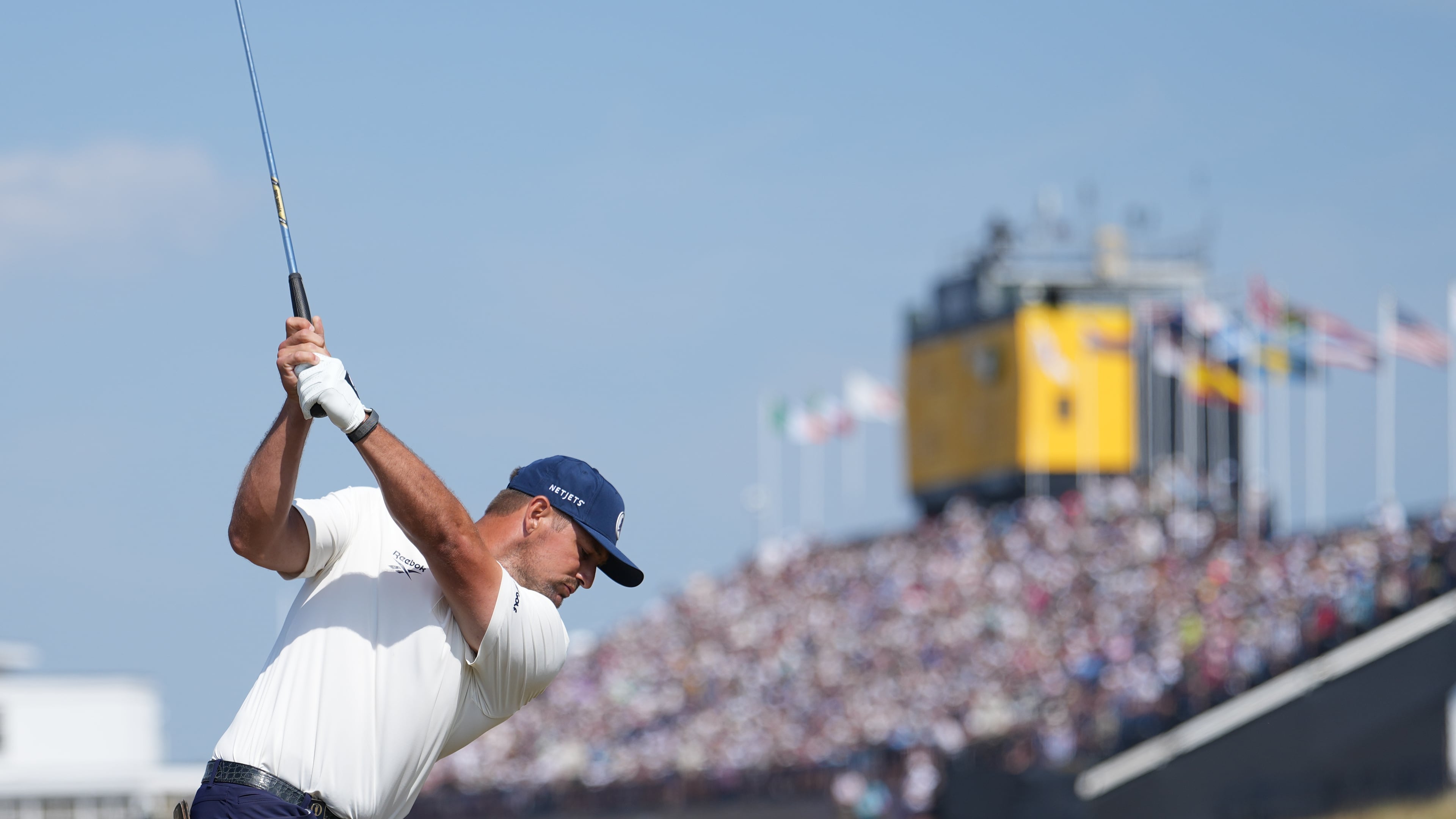 Bryson DeChambeau of the United States plays tom the 18th green from the rough during the first day of the British Open Golf championships at Royal Birkdale golf club, in Southport, England, Thursday, July 16, 2026. (AP Photo/Jon Super)