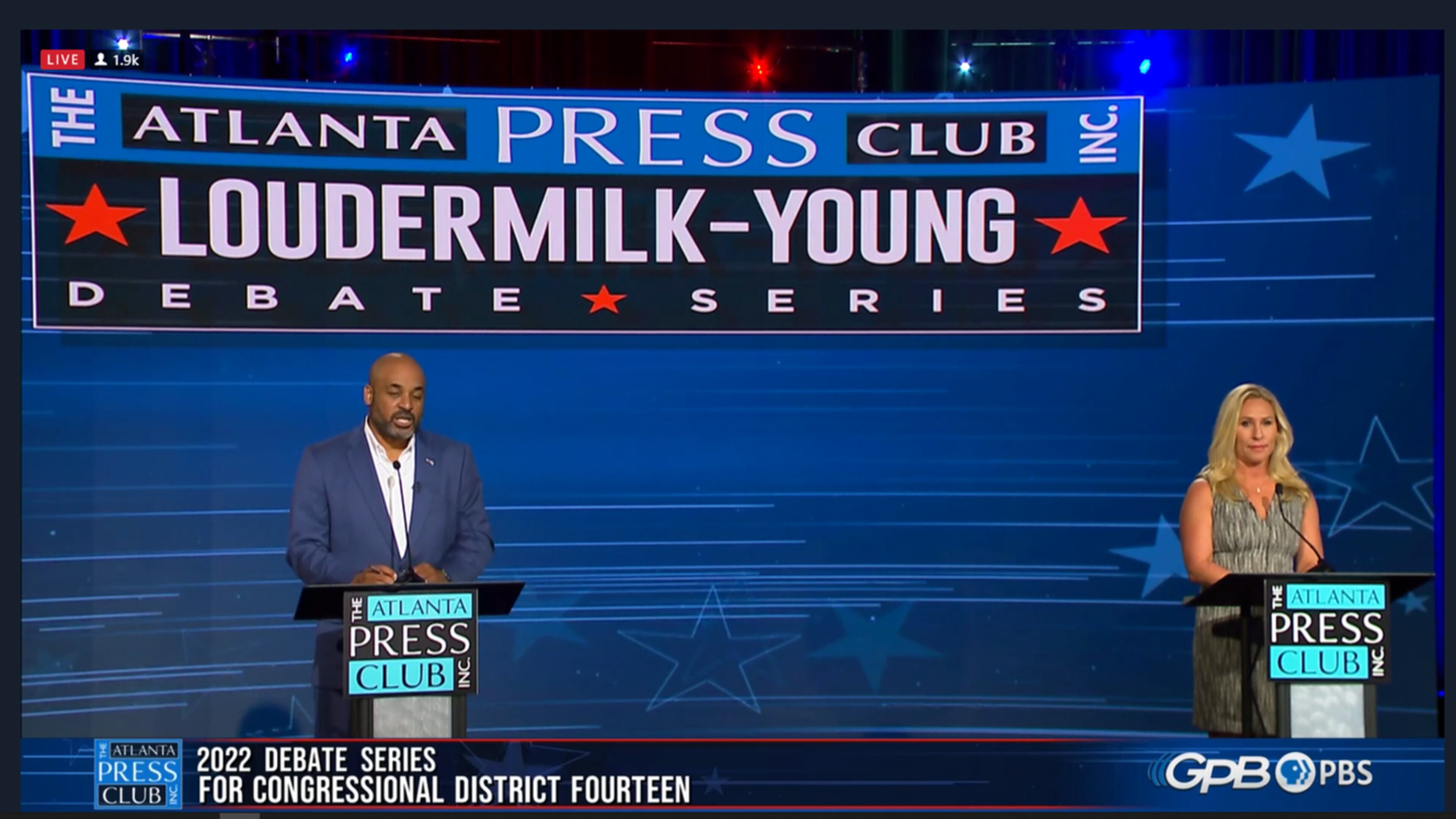 Democrat Marcus Flowers is challenging Republican U.S. Rep. Marjorie Taylor Greene in the 2022 general election for Georgia's 14th Congressional District. The two participated in the Atlanta Press Club's Loudermilk-Young debate series on Oct. 16, 2022. Screenshot via Atlanta Press Club Facebook page.