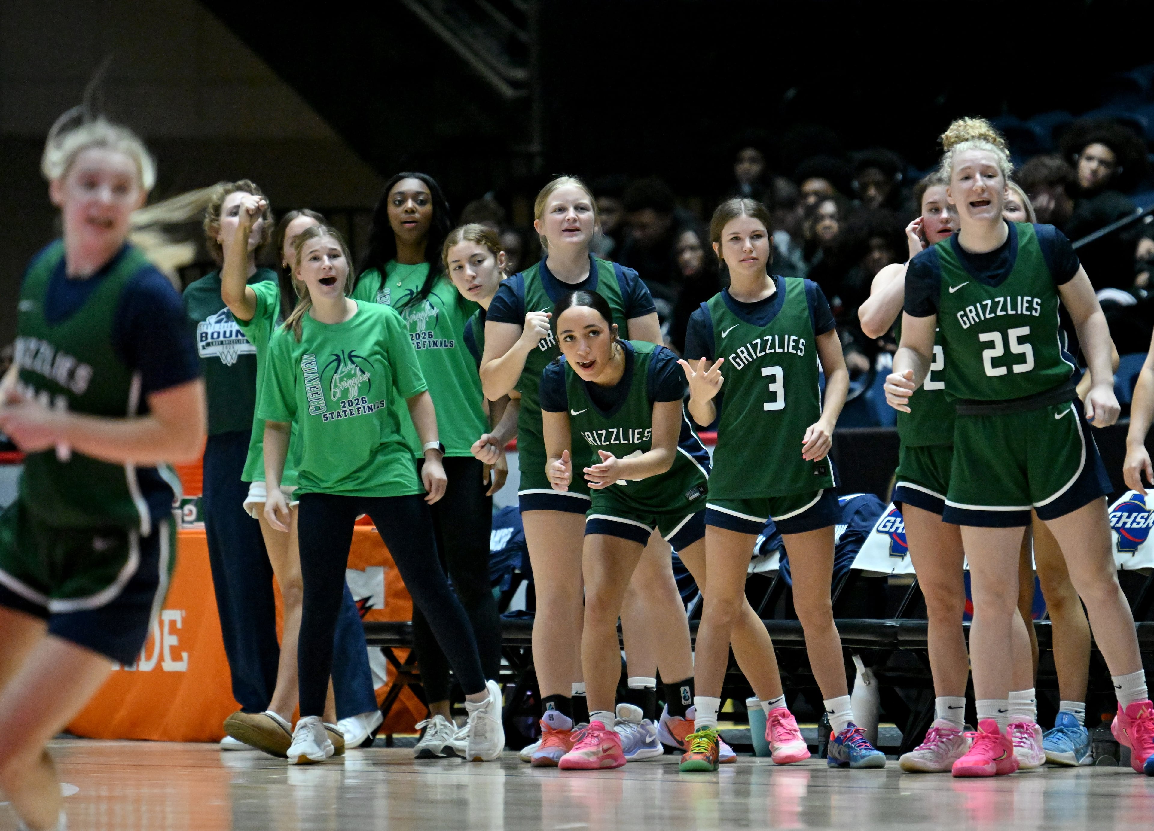 Creekview players react during the first half of the Class 5A Girls GHSA State Championship at the Macon Coliseum, Friday, March 13, 2026, in Macon. (Hyosub Shin/AJC)