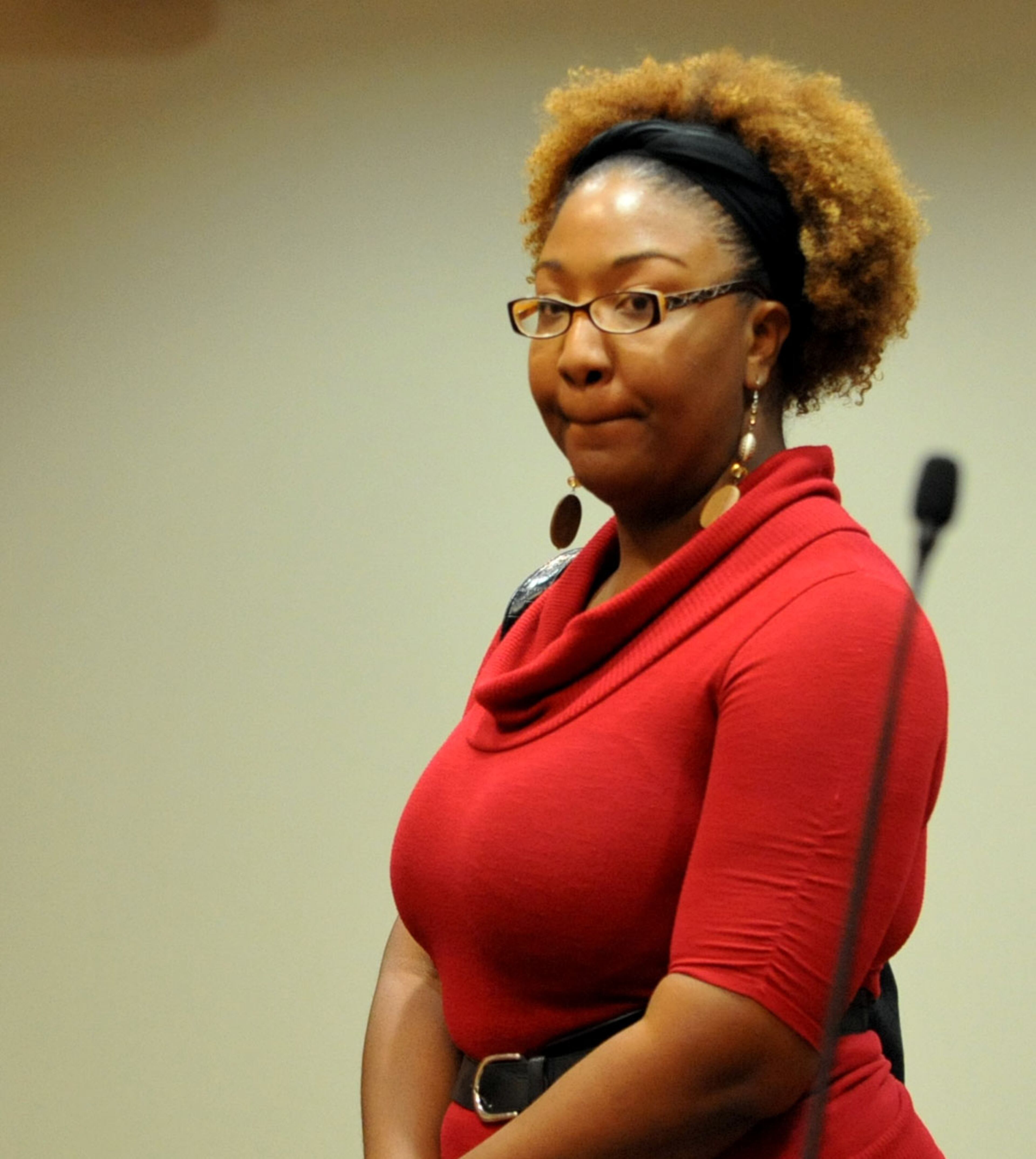 Juror No. 78, Georgette Prater, is questioned by Judge Cynthia Becker after questions arose Wednesday about jury deliberations. Prater was dismissed from the jury after a note was sent regarding a possible conflict of interest.