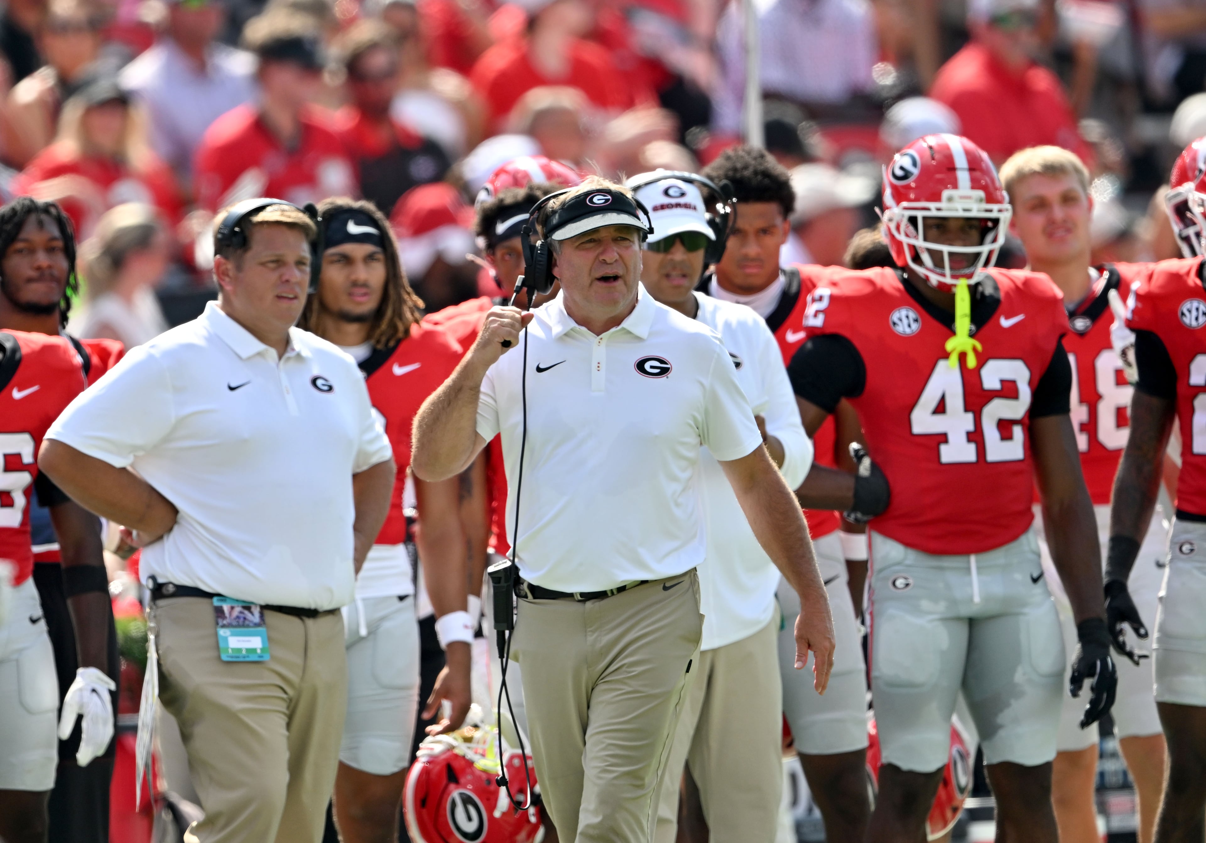 Georgia head coach Kirby Smart shouts instructions during the first half in an NCAA football game vs. Tennessee State at Sanford Stadium on Saturday, Sept. 5, 2026, in Athens, Ga. (Hyosub Shin/AJC)