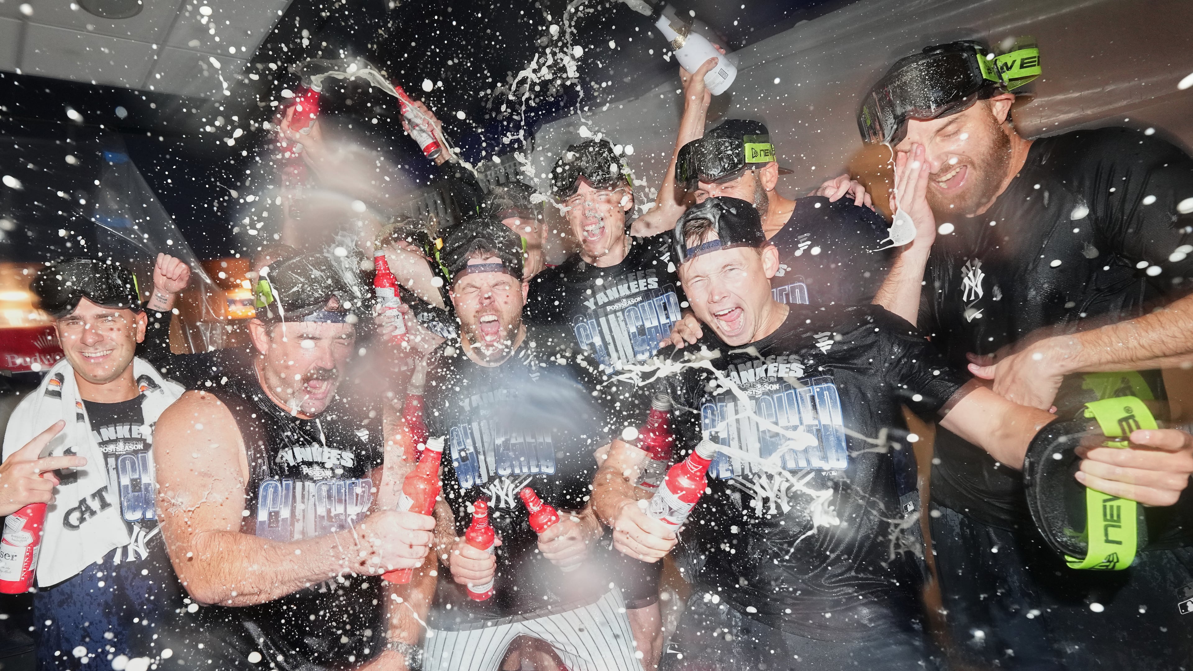 The New York Yankees, including relief pitcher David Bednar, third from left, celebrate after winning baseball's American League Wild Card Series against the Boston Red Sox in Game 2, Wednesday, Sept. 30, 2026, in New York. (AP Photo/Frank Franklin II)