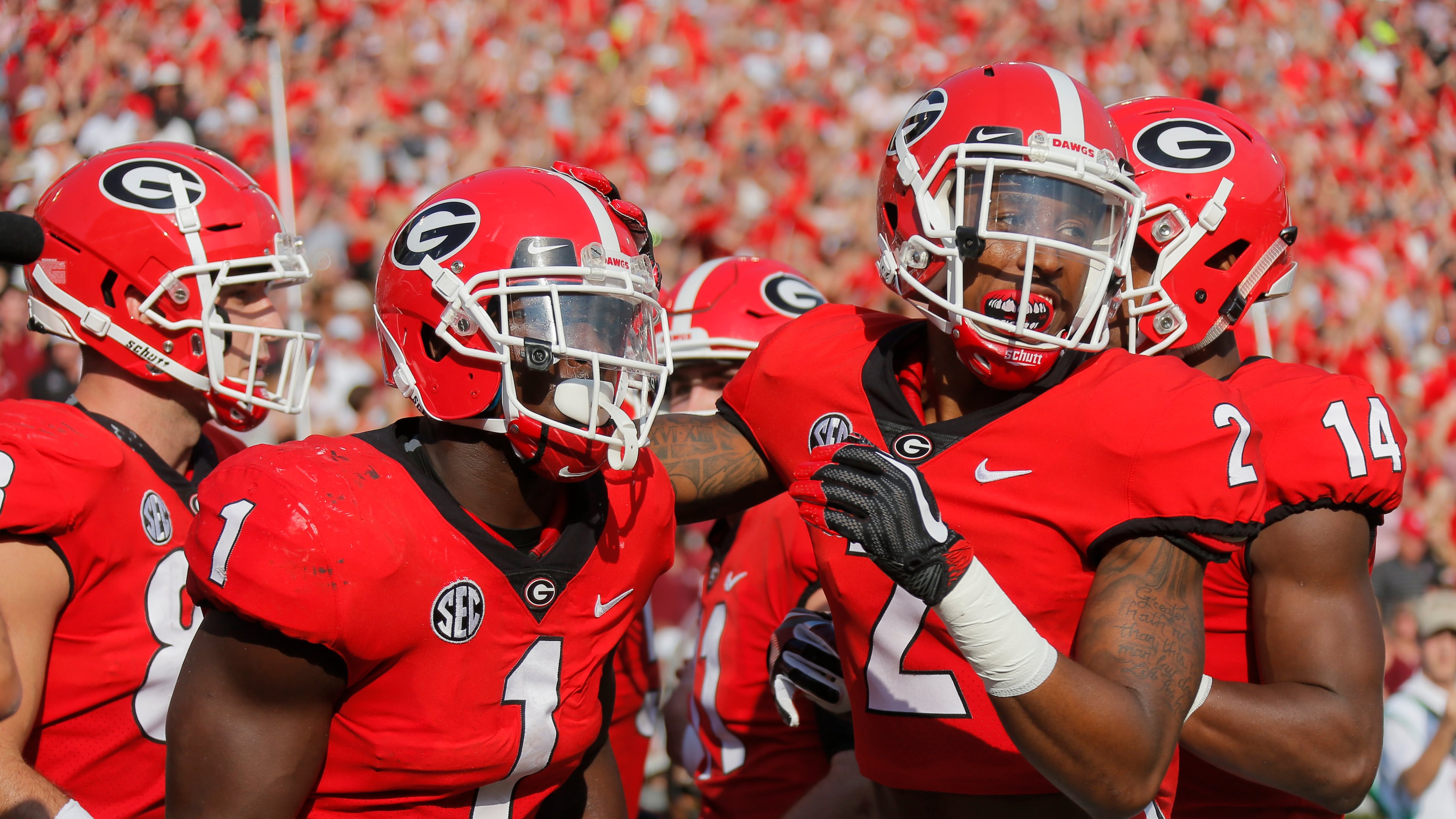 Georgia running back Sony Michel (1) celebrates with wide receiver Jayson Stanley (2) after scoring on an 8-yard run in the first quarter against South Carolina at Sanford Stadium in Athens, Ga., on Saturday, Nov. 4, 2017, (Bob Andres/Atlanta Journal-Constitution/TNS)