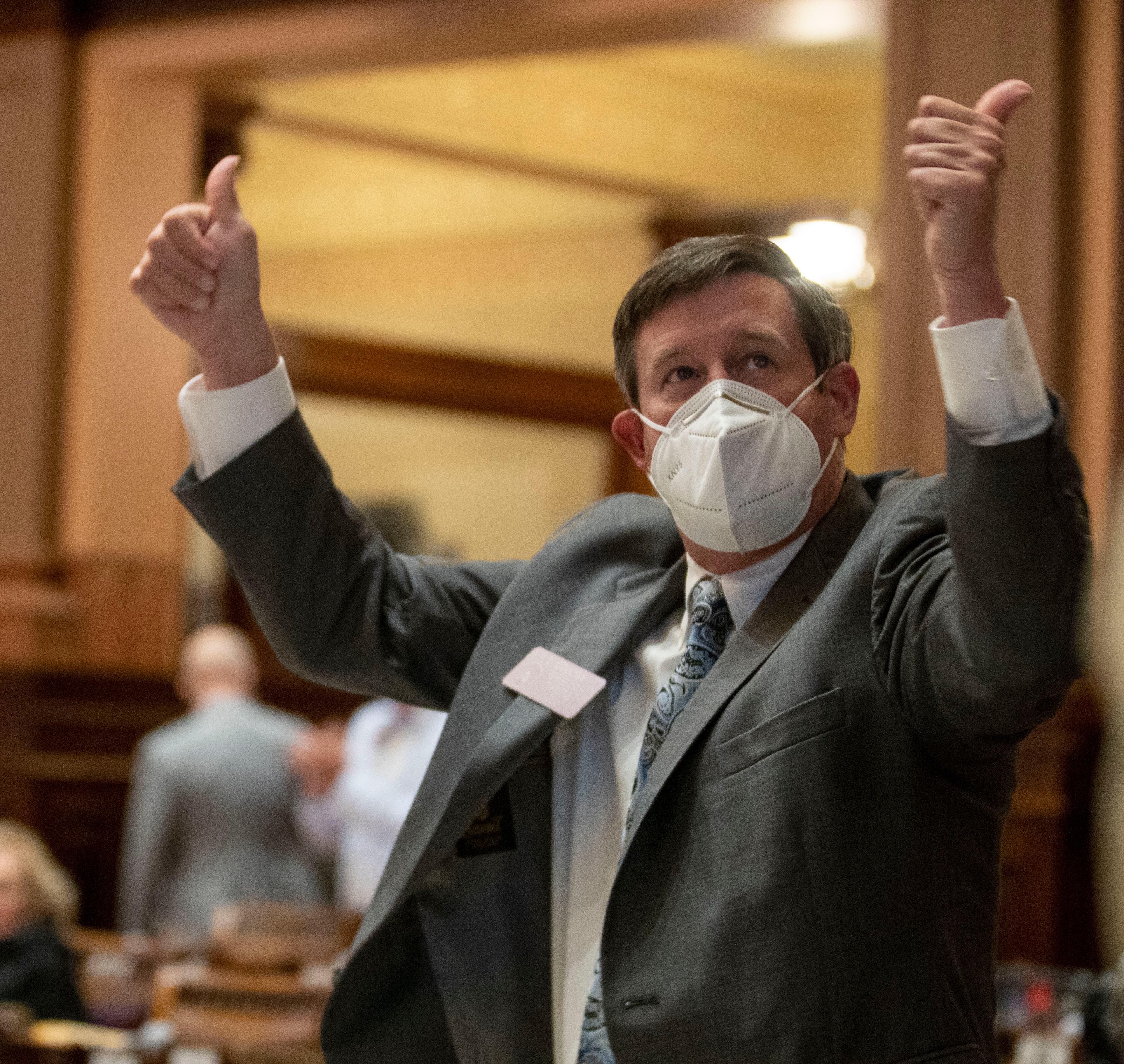 06/26/2020 - Atlanta, Georgia - Georgia Rep. J. Collins (R-Villa Rica) gives a thumbs-up in the House Chambers following the passing of HB 793 during on Sine Die, day 40, of the legislative session in Atlanta, Friday, June 26, 2020. (ALYSSA POINTER / ALYSSA.POINTER@AJC.COM)