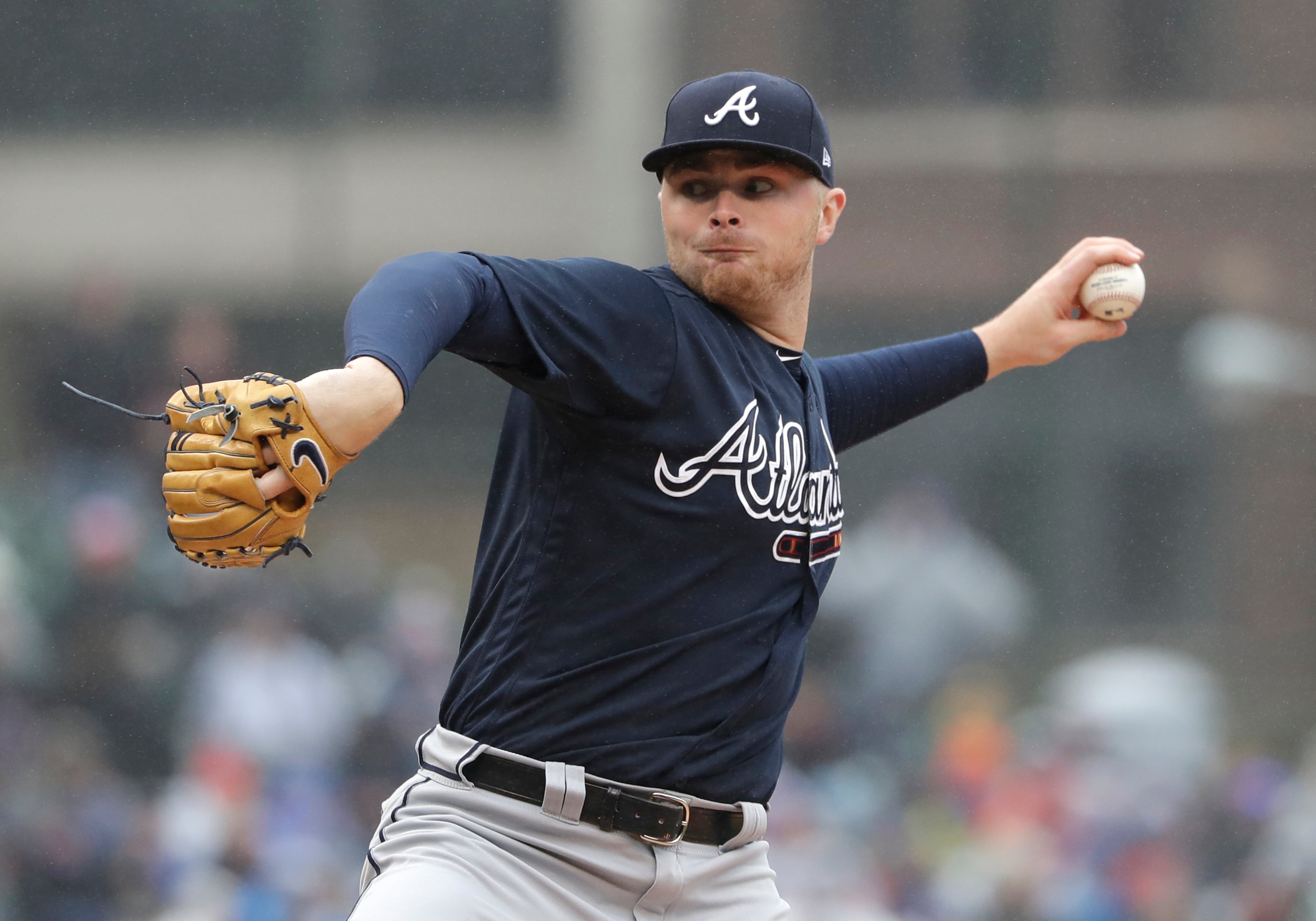 Atlanta Braves starting pitcher Sean Newcomb throws against the Chicago Cubs during the first inning of a baseball game Saturday, April 14, 2018, in Chicago. (AP Photo/Nam Y. Huh)