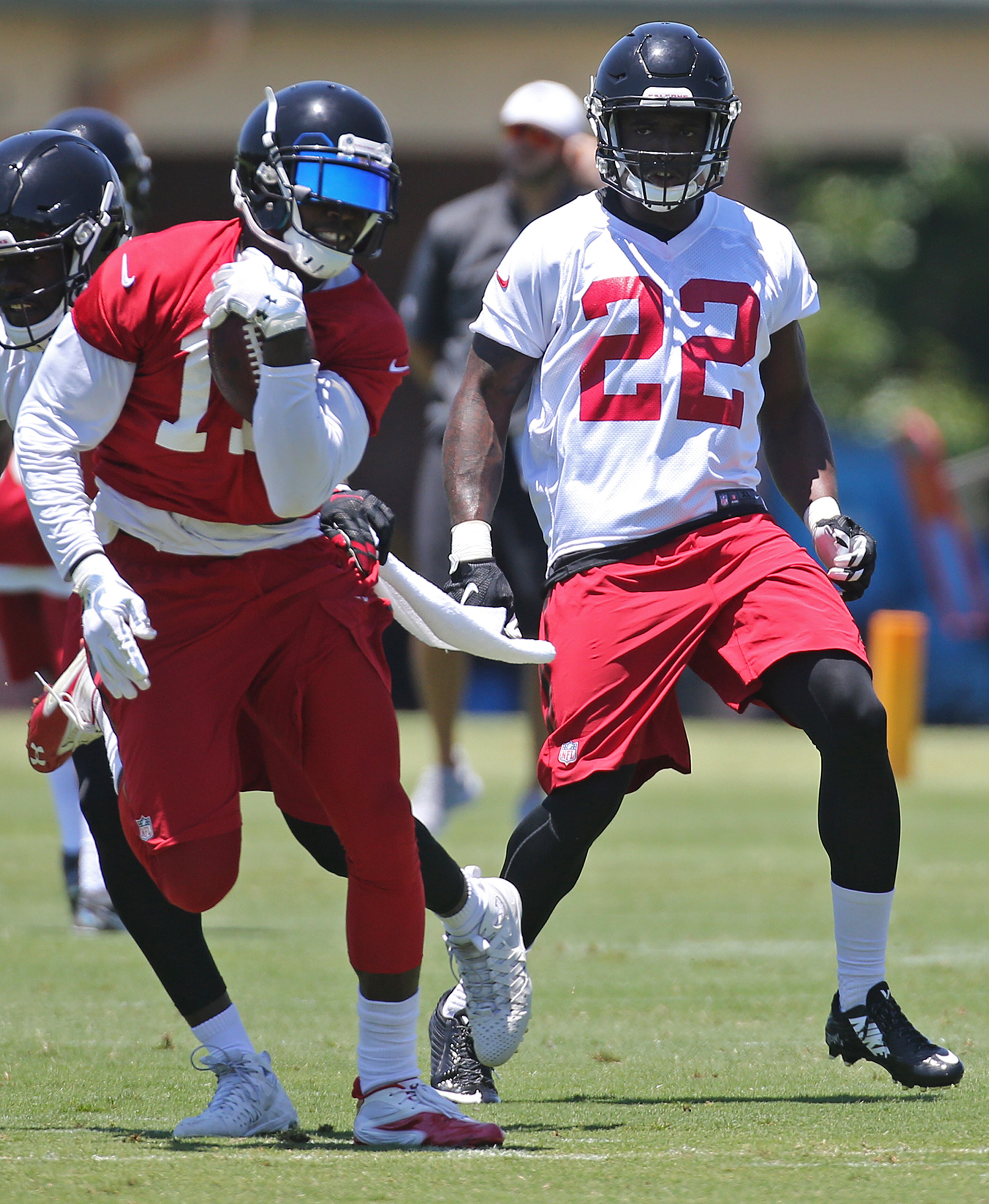 Falcons safety Keanu Neal defends against Julio Jones during practice on an OTA day, Tuesday, June 7, 2016, in Flowery Branch. Curtis Compton / ccompton@ajc.com