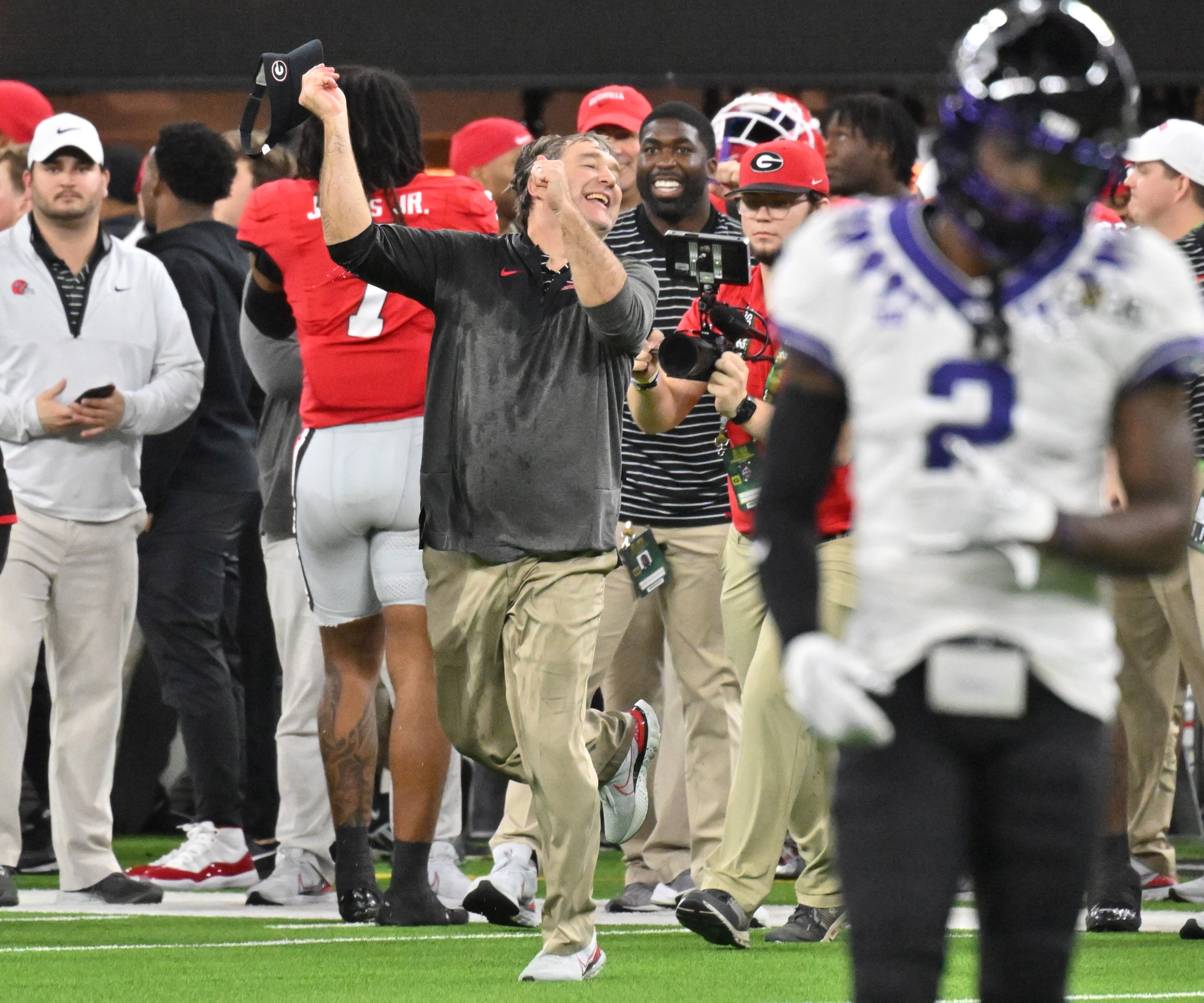 Georgia's head coach Kirby Smart celebrates the victory at the end of the 4th quarter during the 2023 College Football Playoff National Championship game against TCU at SoFi Stadium, Monday, Jan. 9, 2023, in Inglewood, California. (Hyosub Shin / Hyosub.Shin@ajc.com)