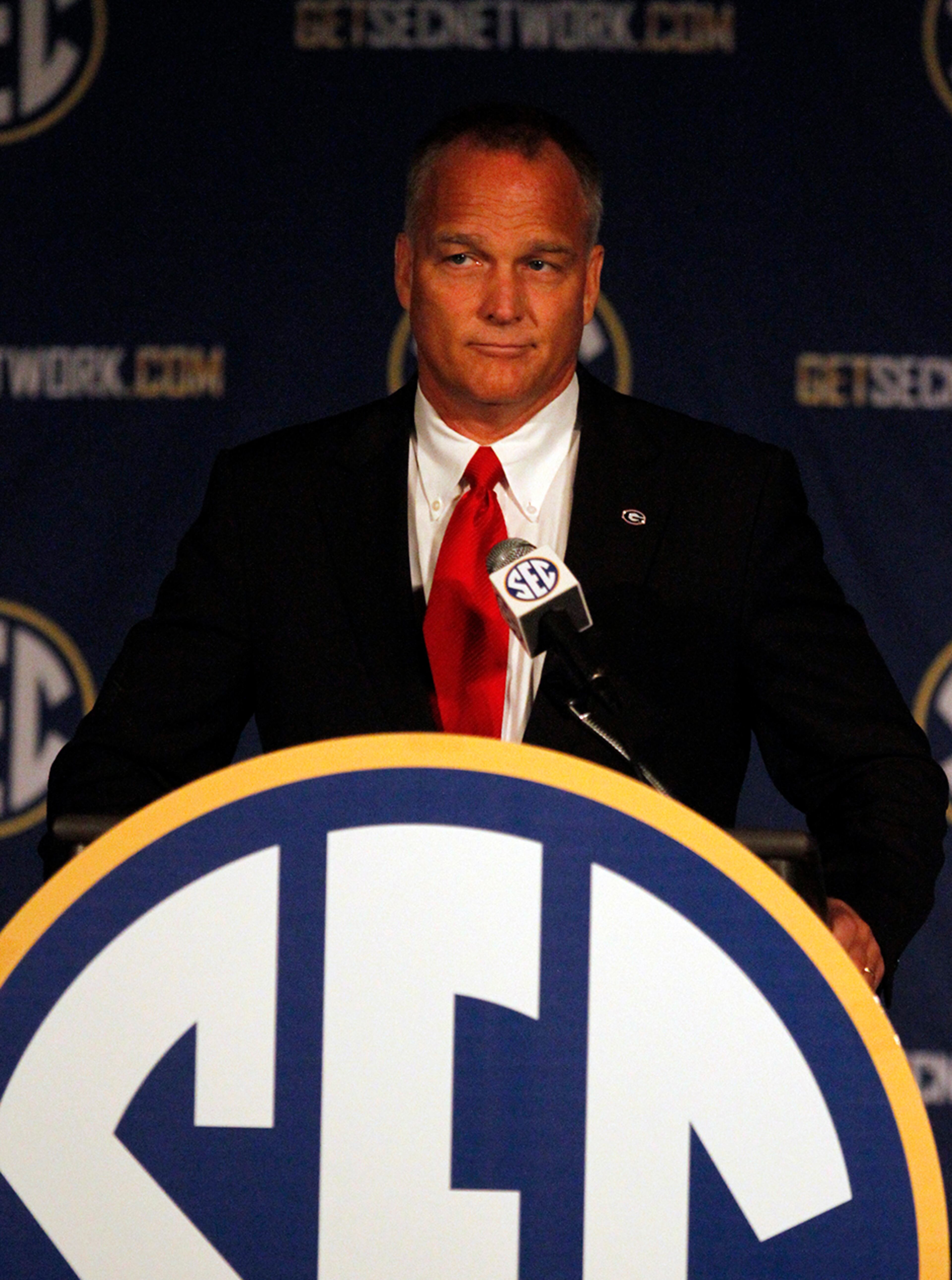 Georgia coach Mark Richt speaks to media at the Southeastern Conference NCAA college football media days on Thursday, July 17, 2014, in Hoover, Ala.
