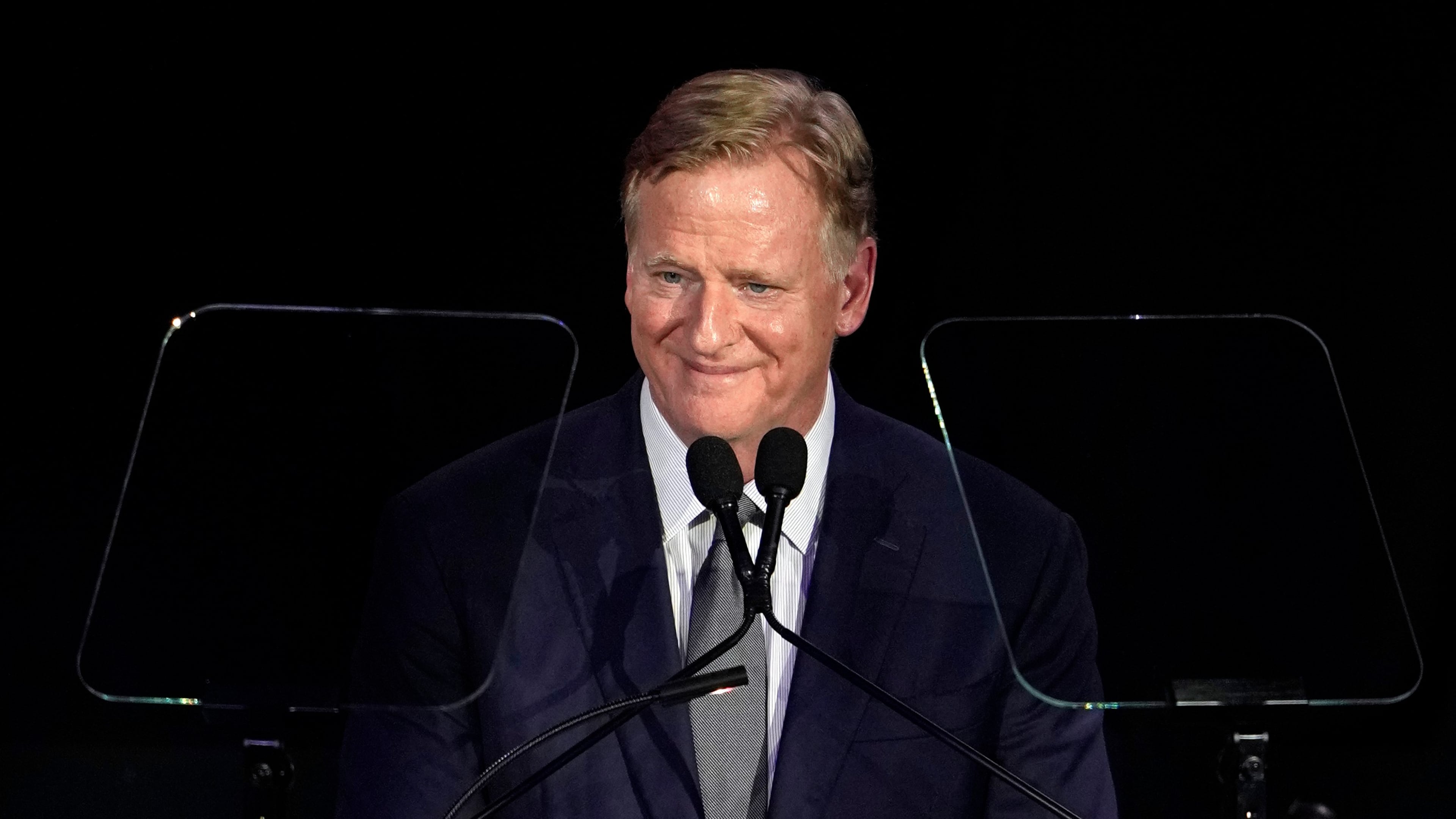 National Football League commissioner Roger Goodell speaks during the Pro Football Hall of Fame gold jacket dinner in Canton, Ohio, Friday, Aug. 7, 2026. (AP Photo/Sue Ogrocki)