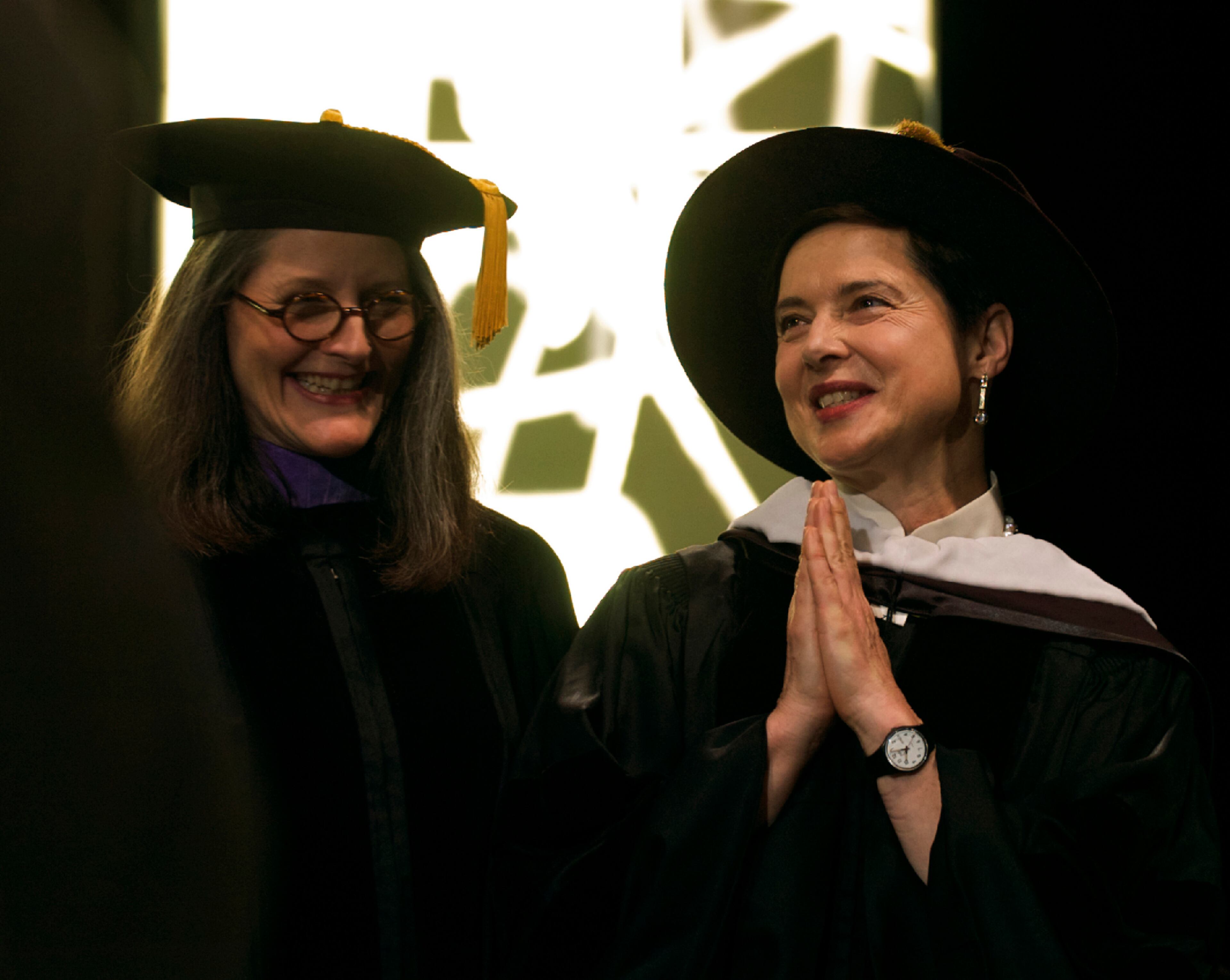 Isabella Rossellini (R) receives an honorary degree from the Savannah College Of Art & Design board of trustees chair Alison Hopton during the college's Commencement at the Savannah Civic Center on May 29, 2010 in Savannah, Georgia. (Photo by Stephen Morton/Getty Images)