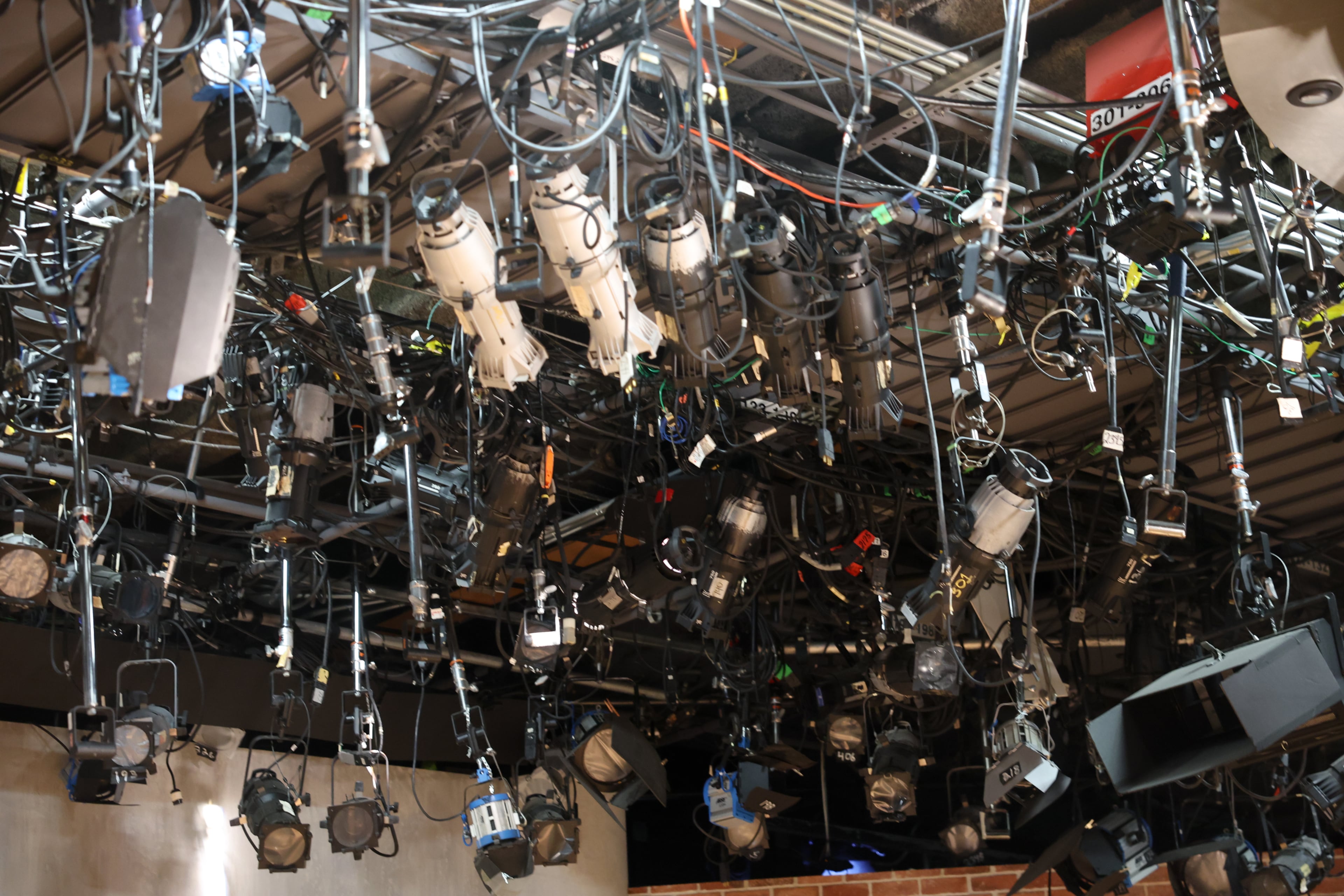 Studio lights remain up inside a studio in The Center, formerly CNN Center, in Atlanta on March 30, 2026. (Arvin Temkar/AJC)